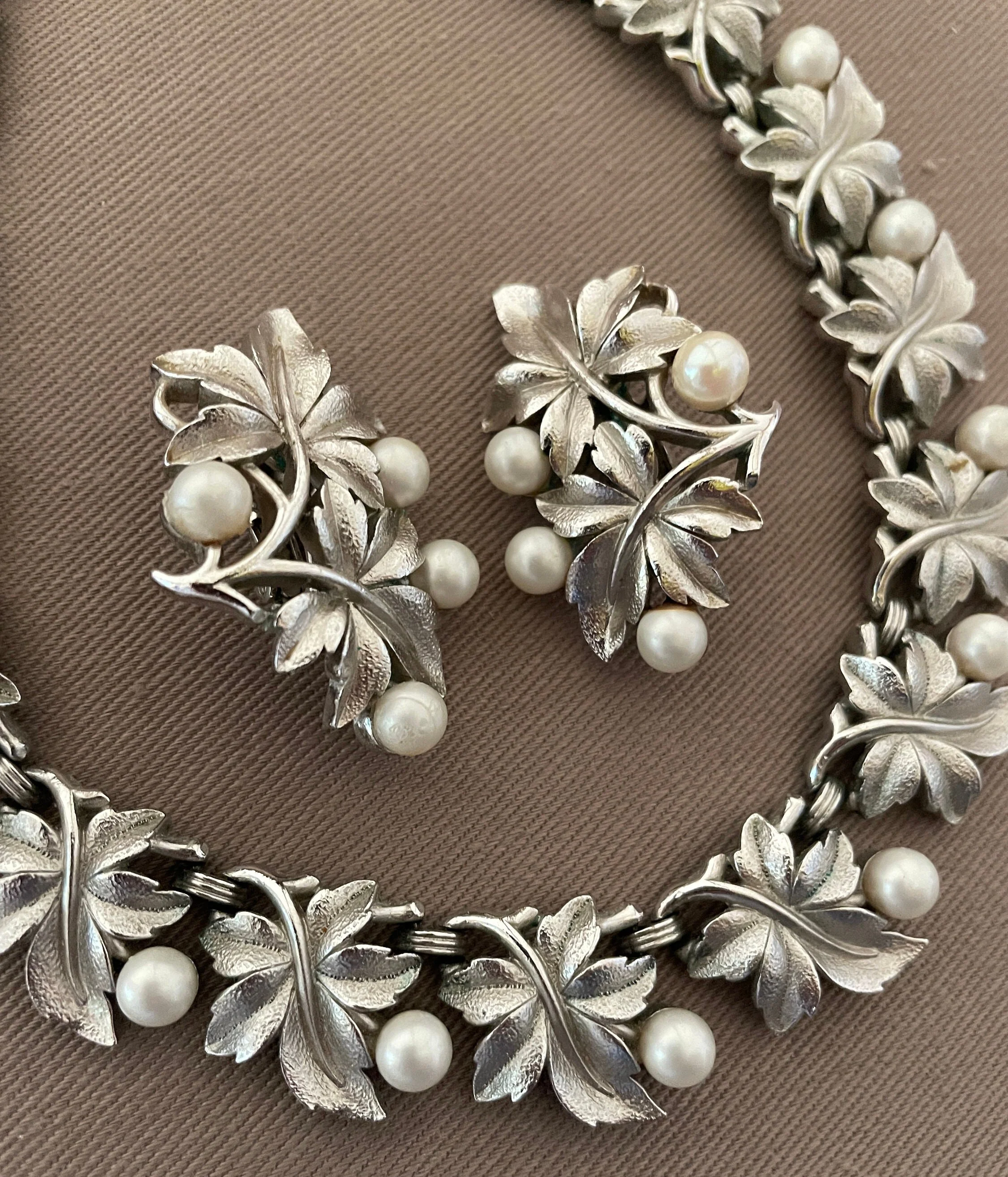Divine Trifari Signed Silver Leaf Baroque Pearl Vintage Jewelry Set by Trifari - Image 2