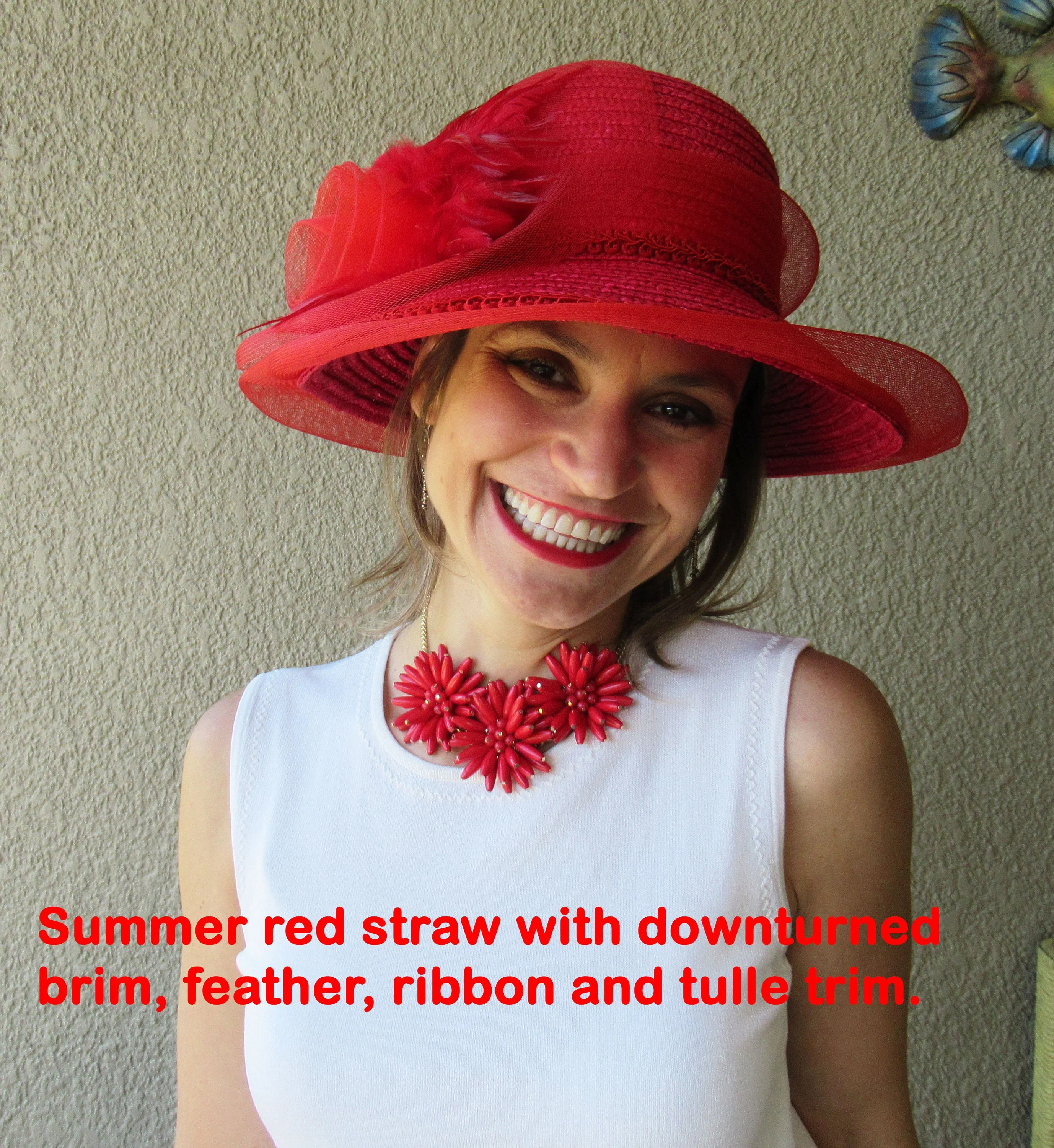 Dome Hat with 3 Inch Wide Downturned Brim Feather, Flower, Sheer Tulle, Ribbon Trim, Summer Straw Bright Red, 7 Inch Opening, Woven Straw - Image 3