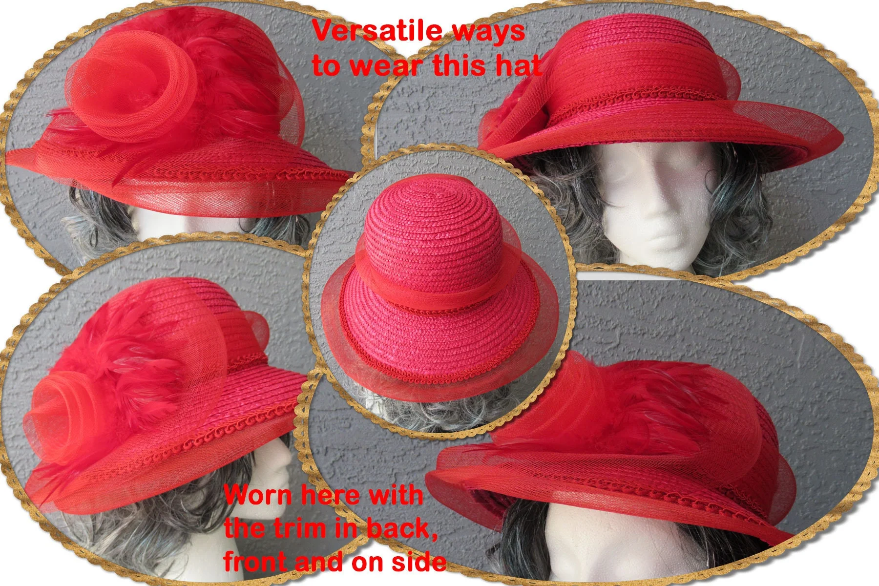 Dome Hat with 3 Inch Wide Downturned Brim Feather, Flower, Sheer Tulle, Ribbon Trim, Summer Straw Bright Red, 7 Inch Opening, Woven Straw - Image 6