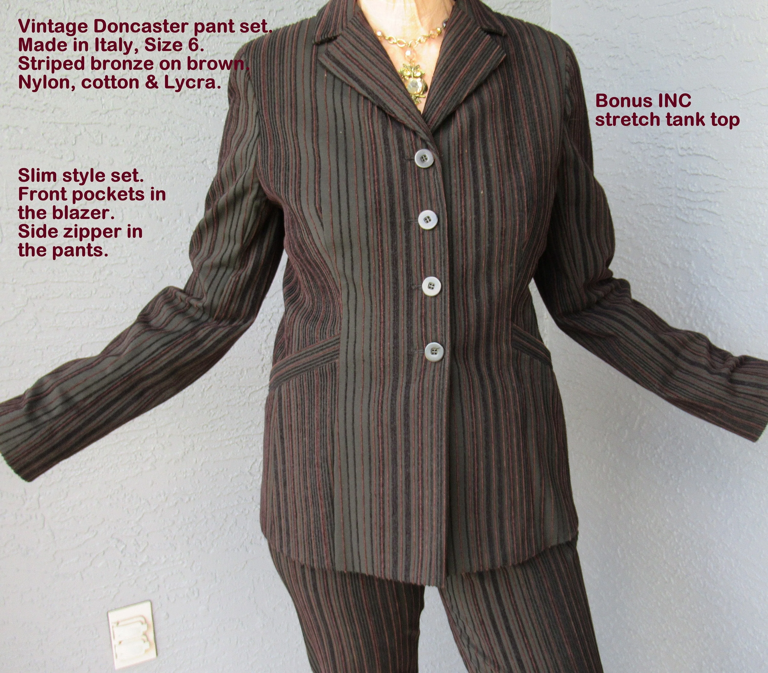 Doncaster Pant Set Stripes In Bronze On Brown Slim Style Nylon Cotton and Lycra Bonus Inc Stretch Tank Top Vintage by Doncaster - Image 2