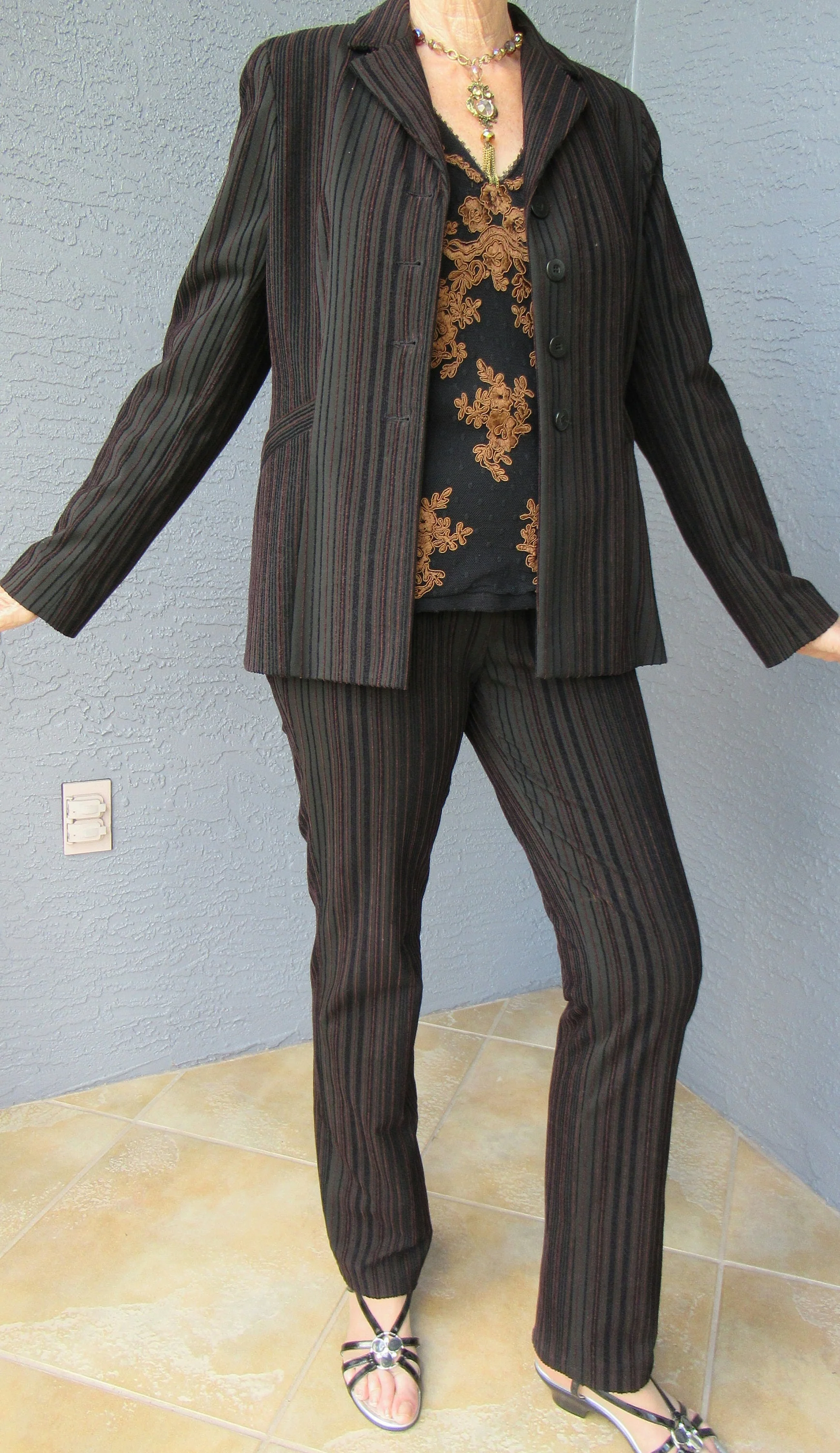 Doncaster Pant Set Stripes In Bronze On Brown Slim Style Nylon Cotton and Lycra Bonus Inc Stretch Tank Top Vintage by Doncaster - Image 5