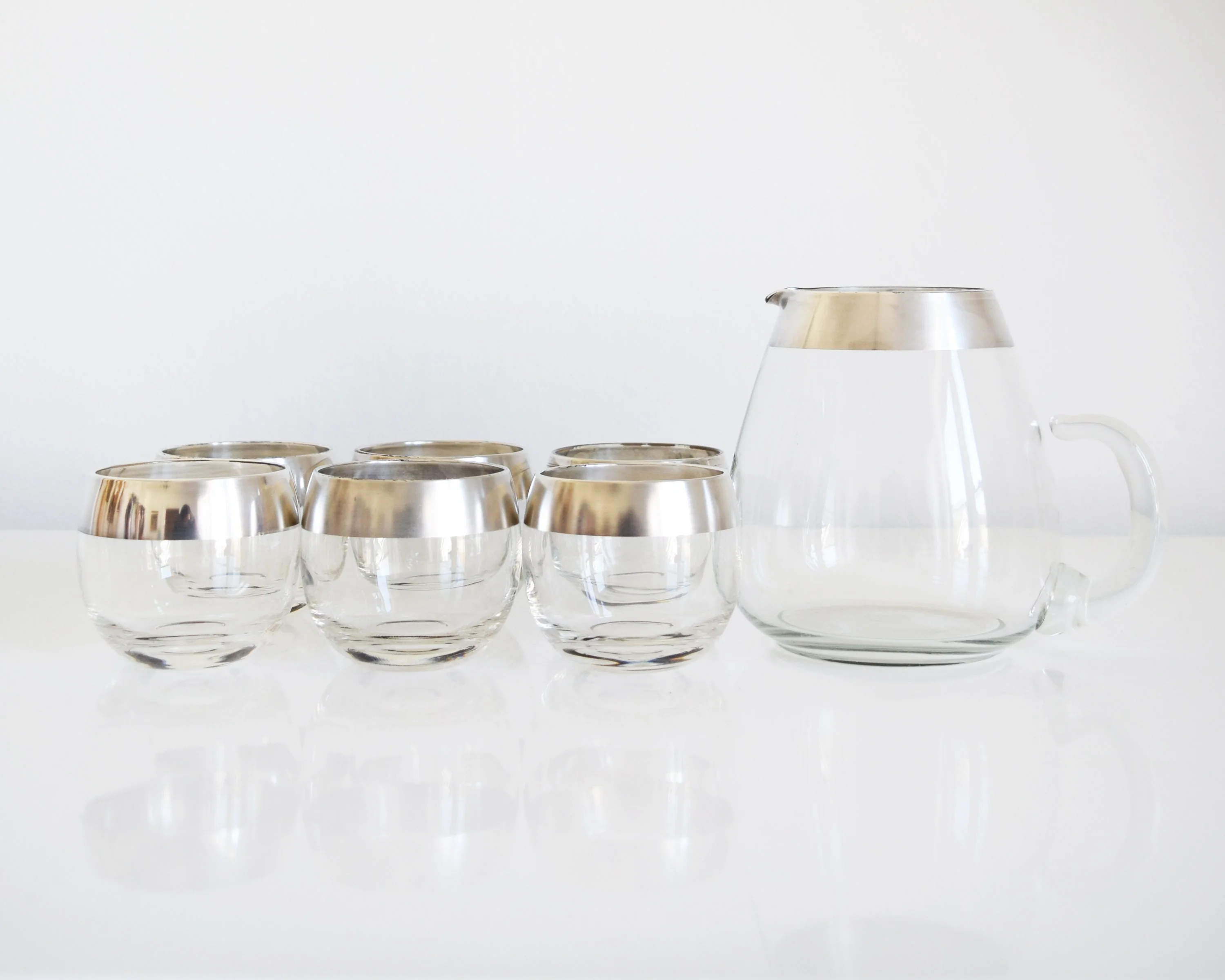 Dorothy Thorpe Cocktail Set with Pitcher Mid Century Modern Silver Roly Poly Glasses, Vintage 60s Silver Rim Glasses, 60s Barware - Image 2
