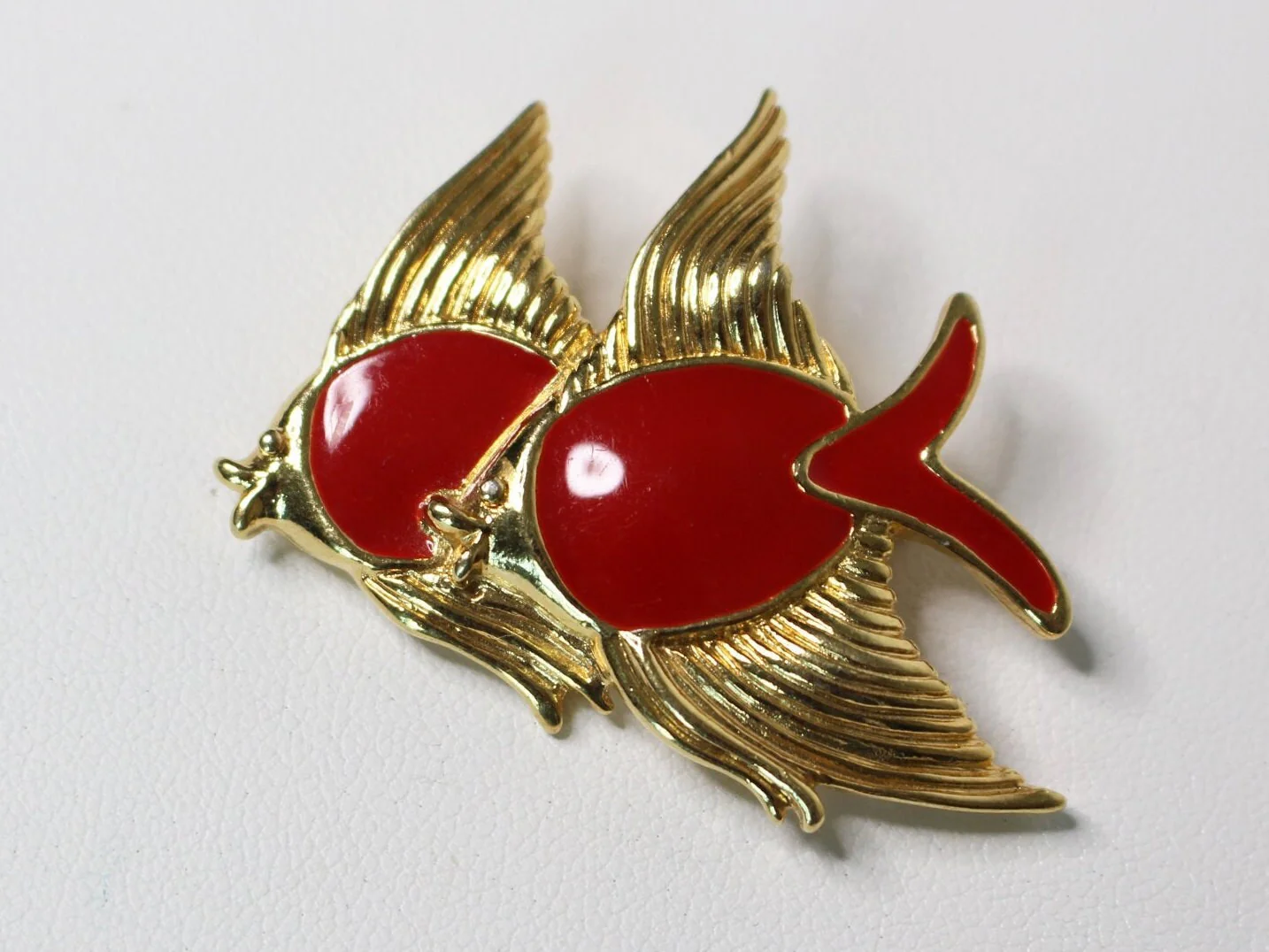 Double Fish Brooch - Red Enamel Fish Pin Estate Jewelry, Vintage Designer Brooch, Signed Trifari by Trifari - Image 2