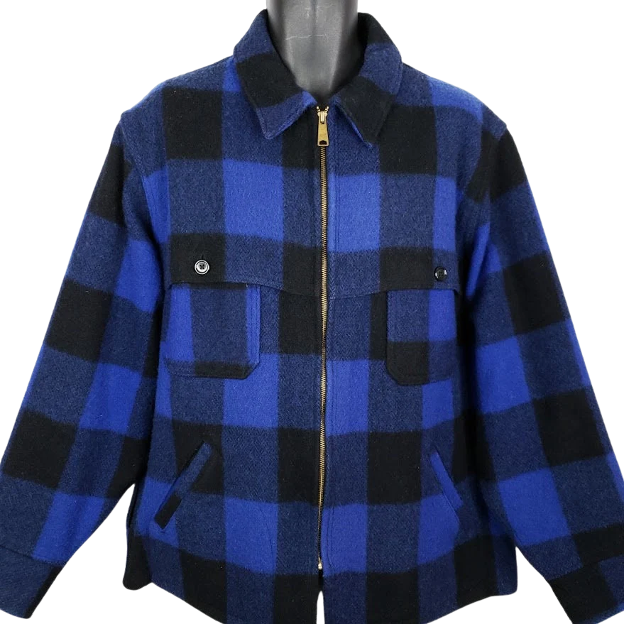 Double Mackinaw Cape Cruiser Jacket Vintage 80s Blue Buffalo Plaid Made In Usa Mens Size Xl by Woolrich