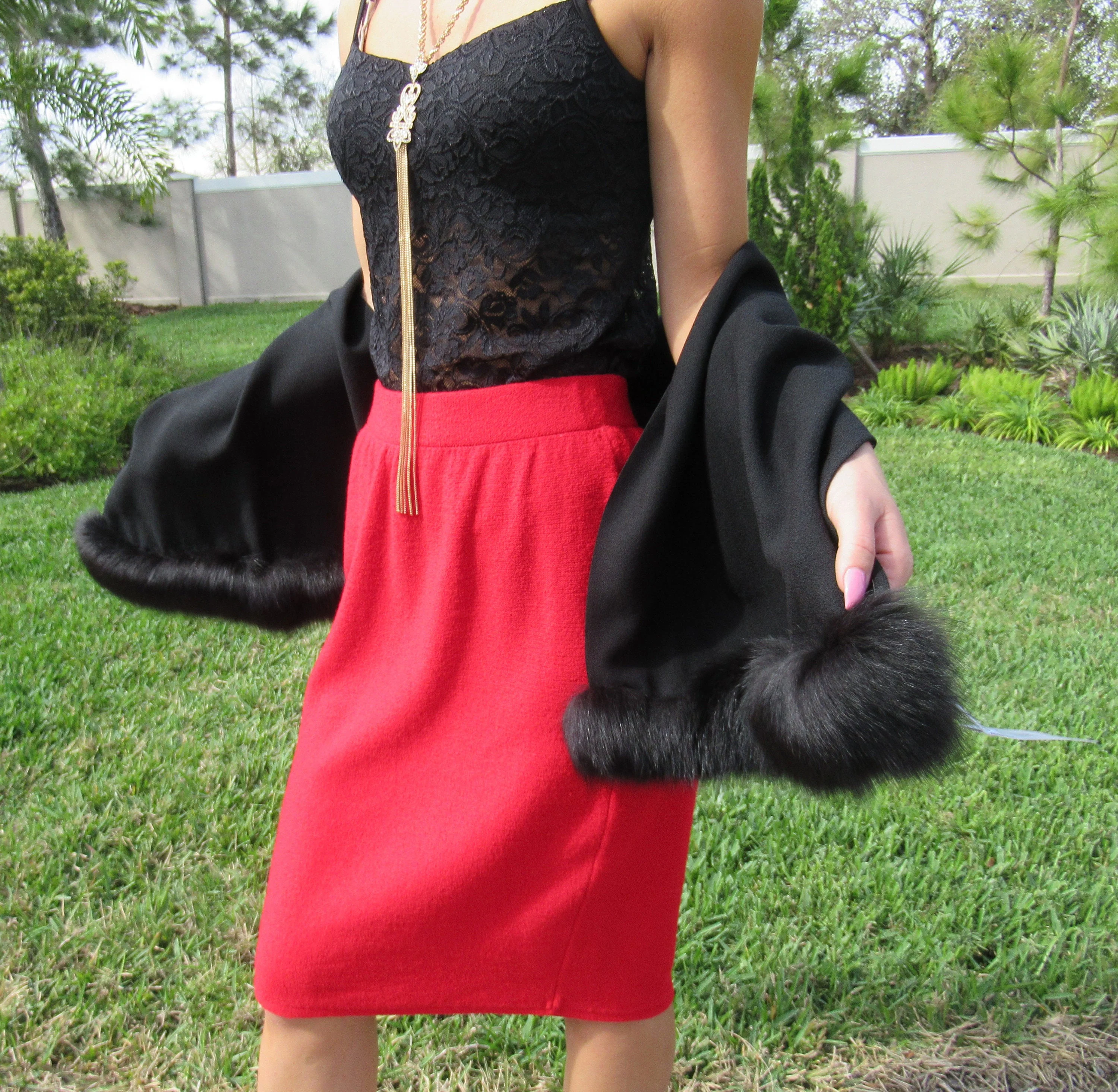 Double Sided Black Oblong Wrap Or Scarf with of Faux Fur Trim At Both Shorter Oblong Classis Wrap - Image 10