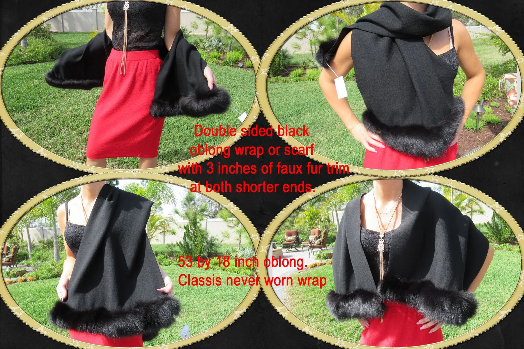 Double Sided Black Oblong Wrap Or Scarf with of Faux Fur Trim At Both Shorter Oblong Classis Wrap - Image 3