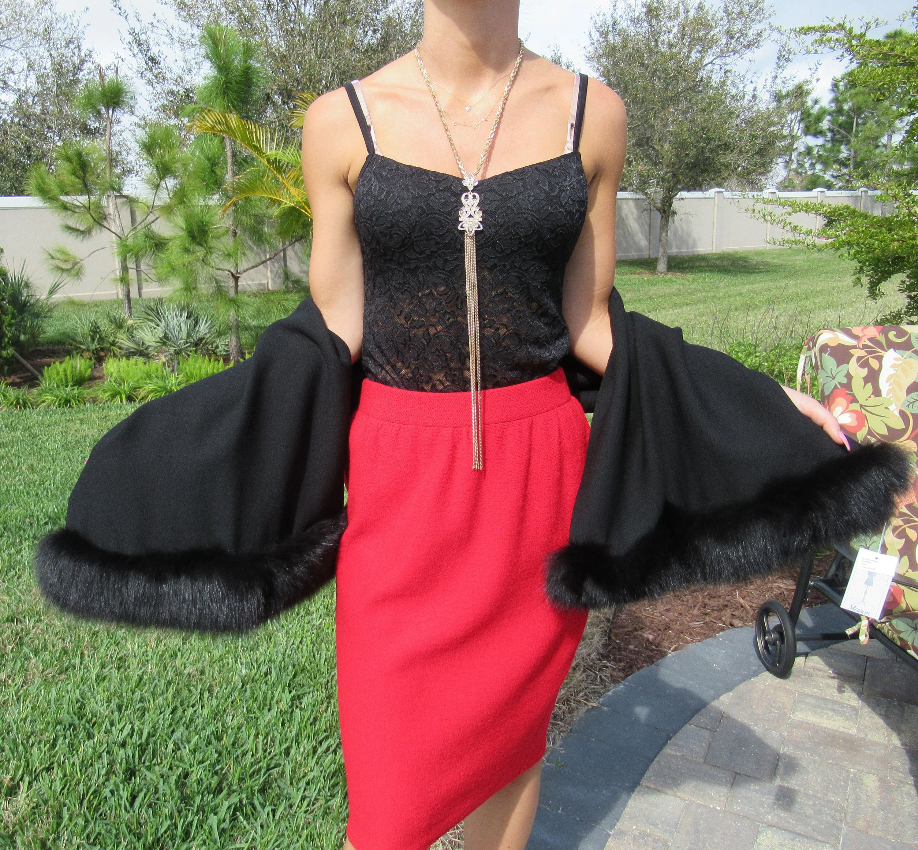 Double Sided Black Oblong Wrap Or Scarf with of Faux Fur Trim At Both Shorter Oblong Classis Wrap - Image 4