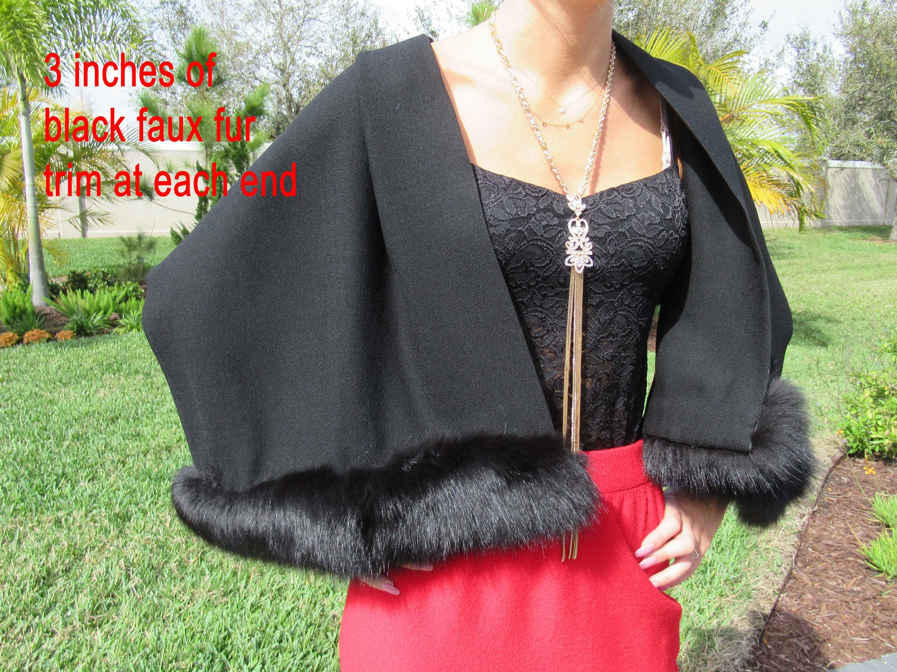 Double Sided Black Oblong Wrap Or Scarf with of Faux Fur Trim At Both Shorter Oblong Classis Wrap - Image 5