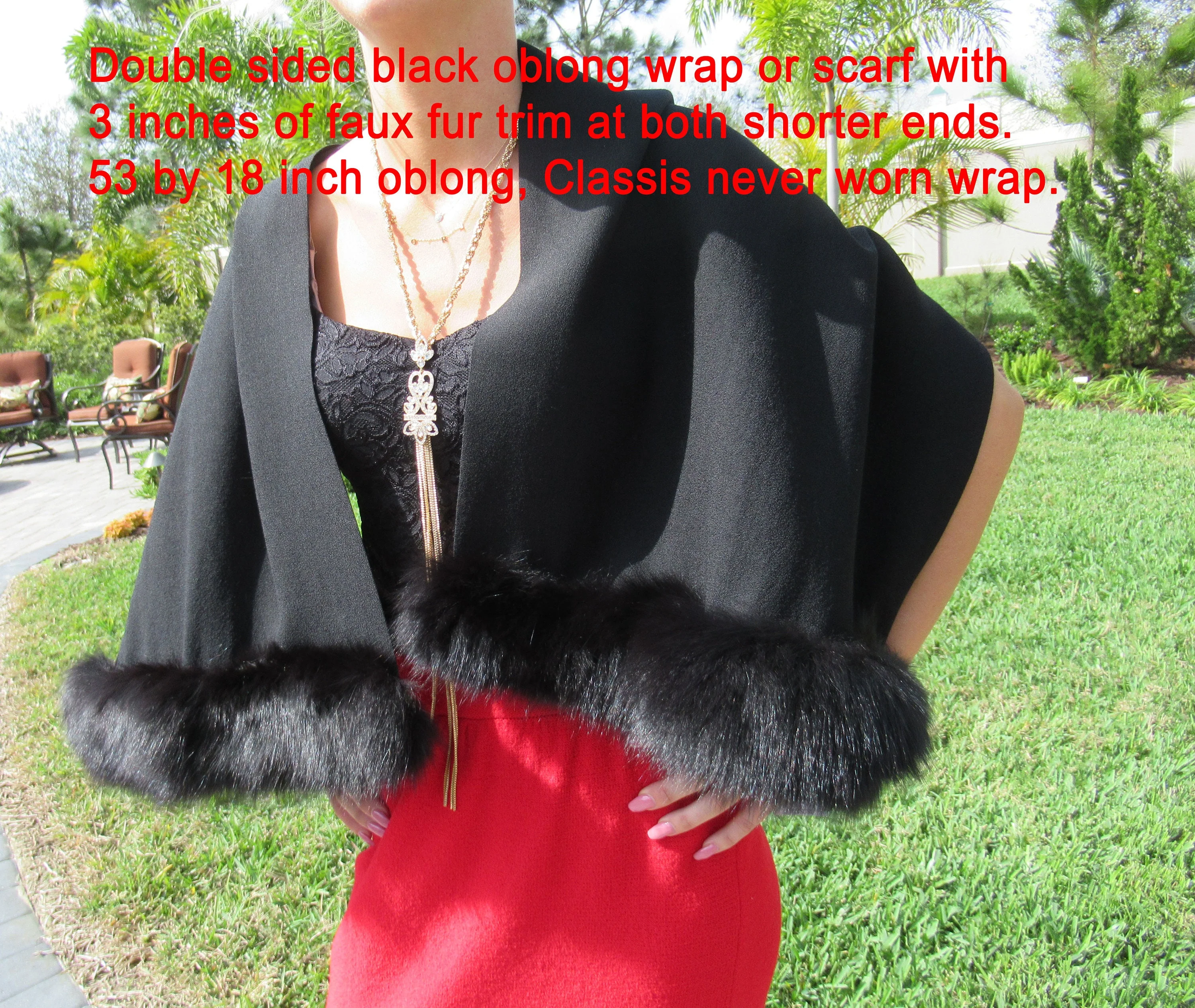 Double Sided Black Oblong Wrap Or Scarf with of Faux Fur Trim At Both Shorter Oblong Classis Wrap - Image 7