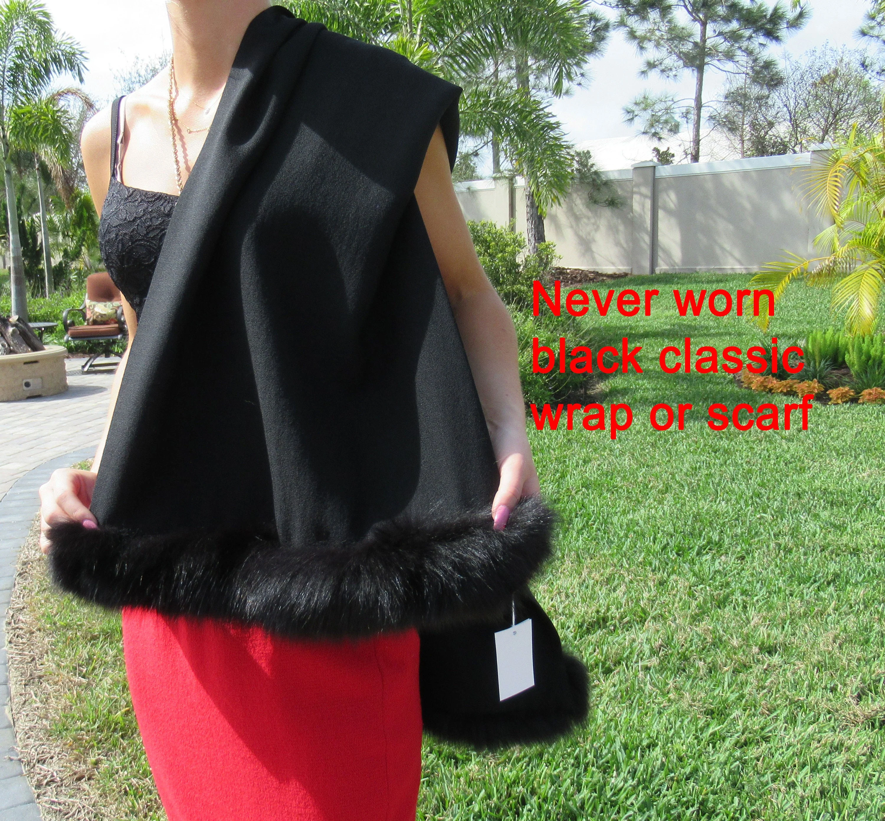Double Sided Black Oblong Wrap Or Scarf with of Faux Fur Trim At Both Shorter Oblong Classis Wrap - Image 9