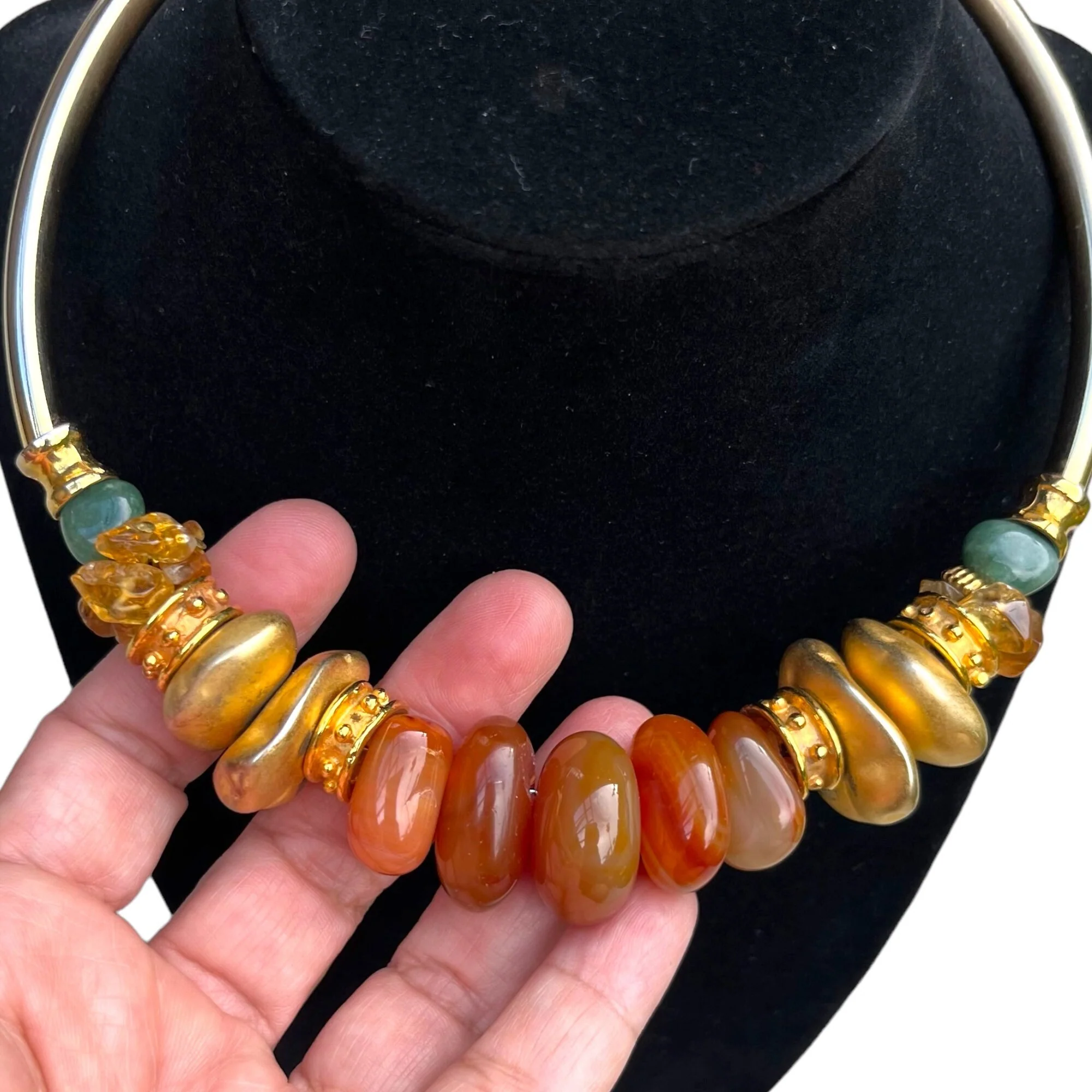 Dramatic Vintage Francesca Romana Choker Necklace 80s 90s Runway Couture Collar Gold Carnelian Citrine Beads by Francesca Romana - Image 2