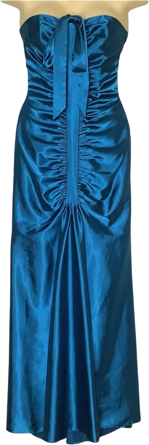 Dress 80s 90s Xs/s Teal Mermaid Ruched Bow Sheath Satin Prom by Jessica McClintock