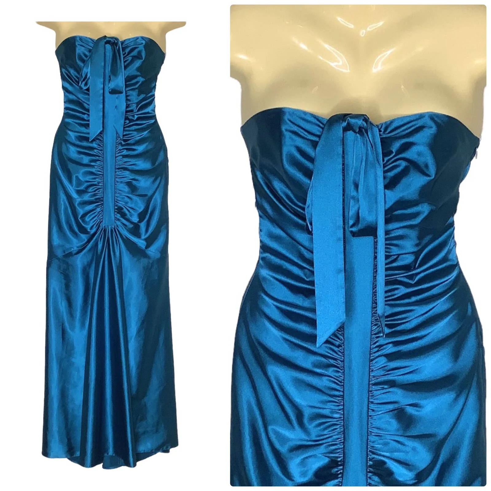 Dress 80s 90s Xs/s Teal Mermaid Ruched Bow Sheath Satin Prom by Jessica McClintock - Image 3
