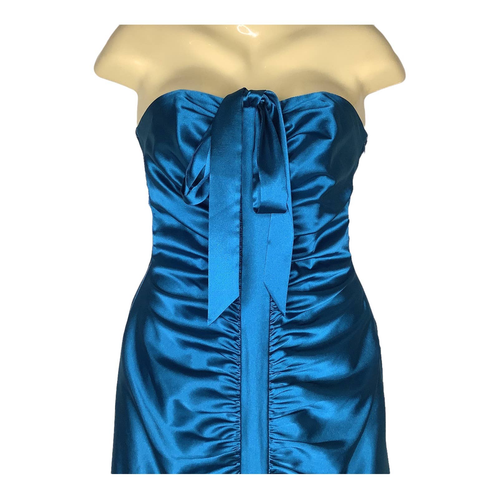 Dress 80s 90s Xs/s Teal Mermaid Ruched Bow Sheath Satin Prom by Jessica McClintock - Image 5