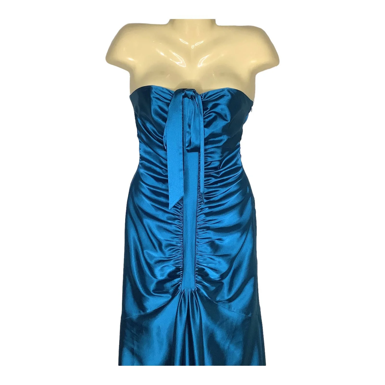 Dress 80s 90s Xs/s Teal Mermaid Ruched Bow Sheath Satin Prom by Jessica McClintock - Image 7