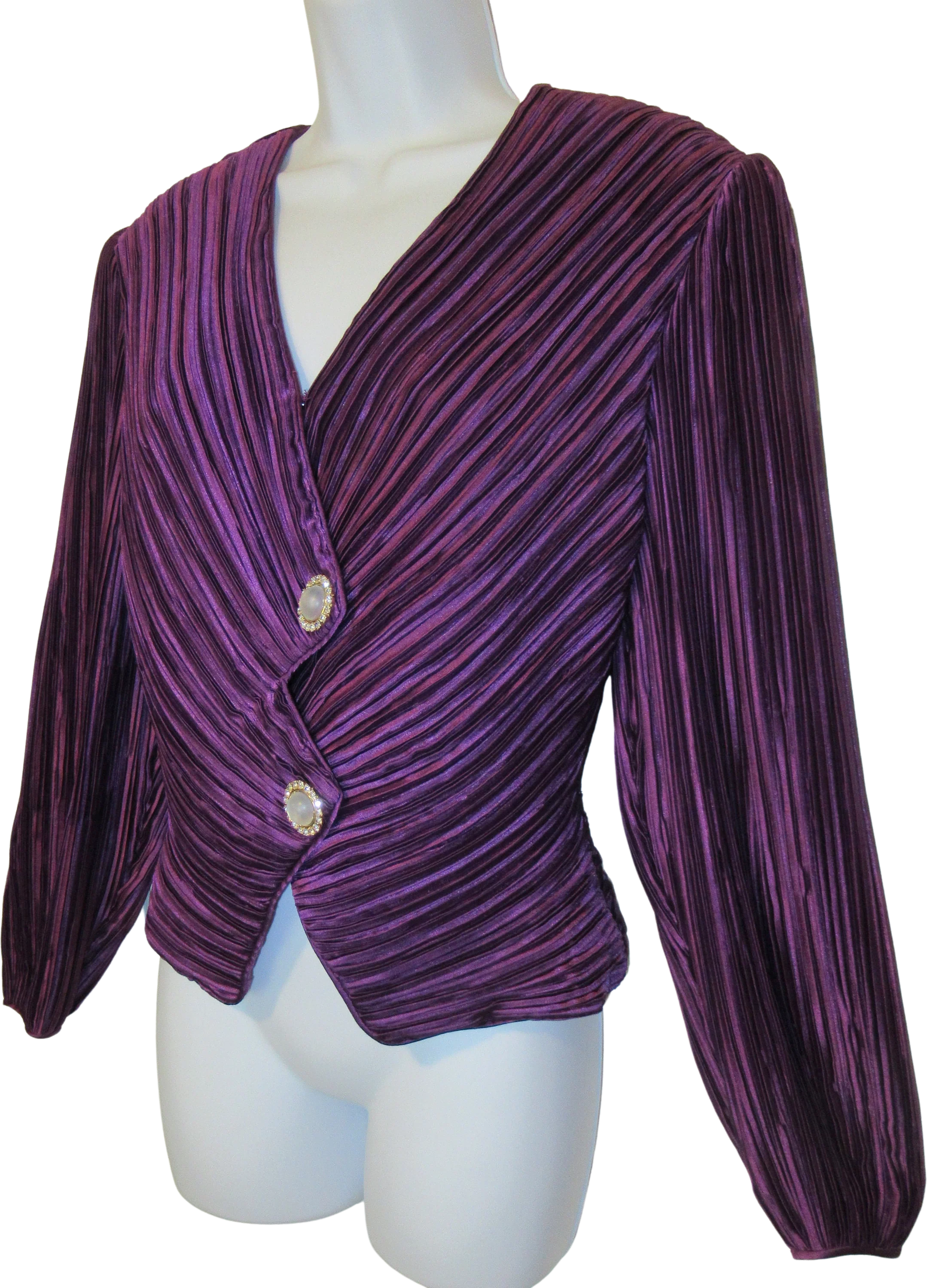Dressy Top George F Couture Purple Double Breasted Fortuny Pleated Rare Puffed Sleeves Padded Shoulder Vneckline by George F Couture