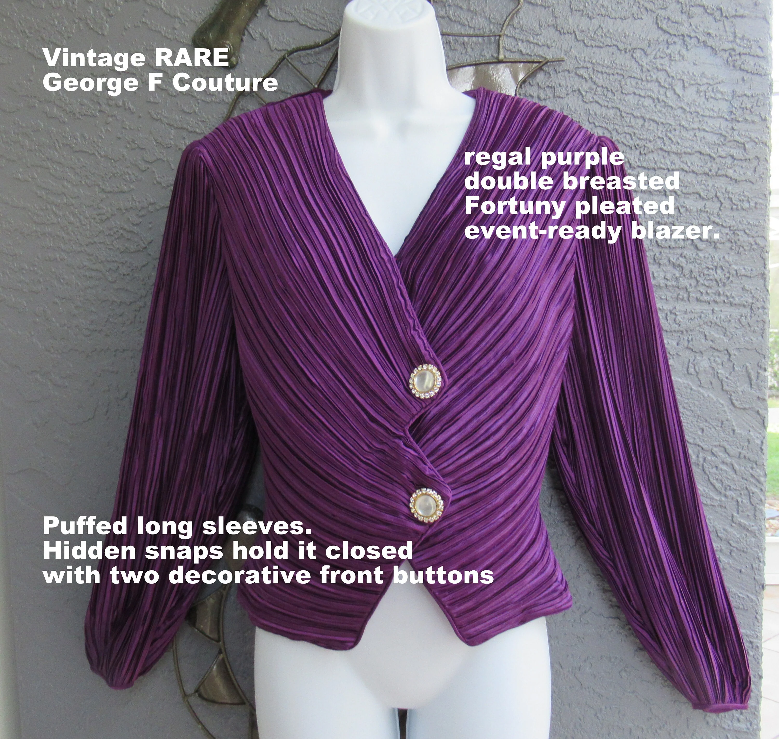 Dressy Top George F Couture Purple Double Breasted Fortuny Pleated Rare Puffed Sleeves Padded Shoulder Vneckline by George F Couture - Image 2
