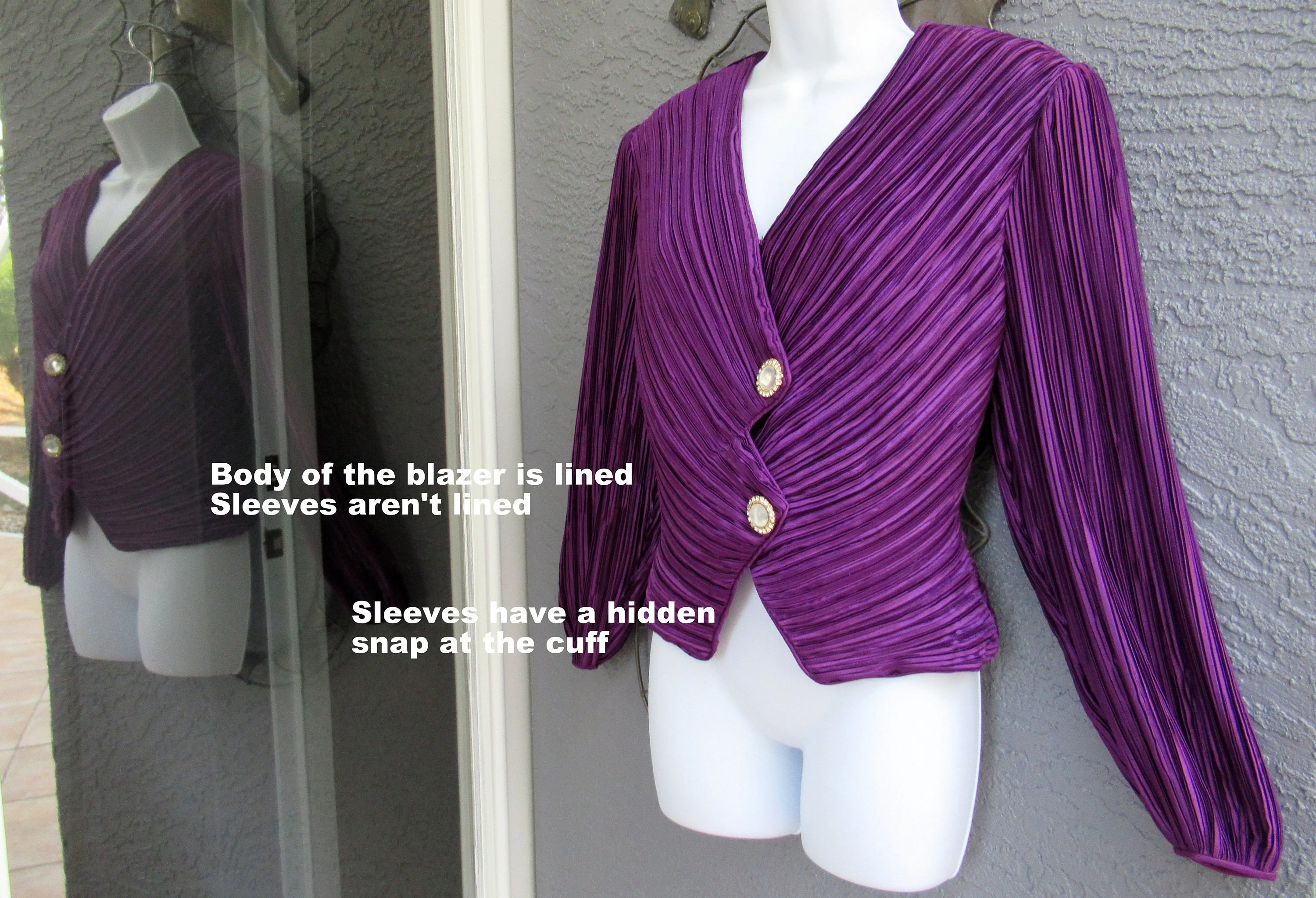 Dressy Top George F Couture Purple Double Breasted Fortuny Pleated Rare Puffed Sleeves Padded Shoulder Vneckline by George F Couture - Image 4