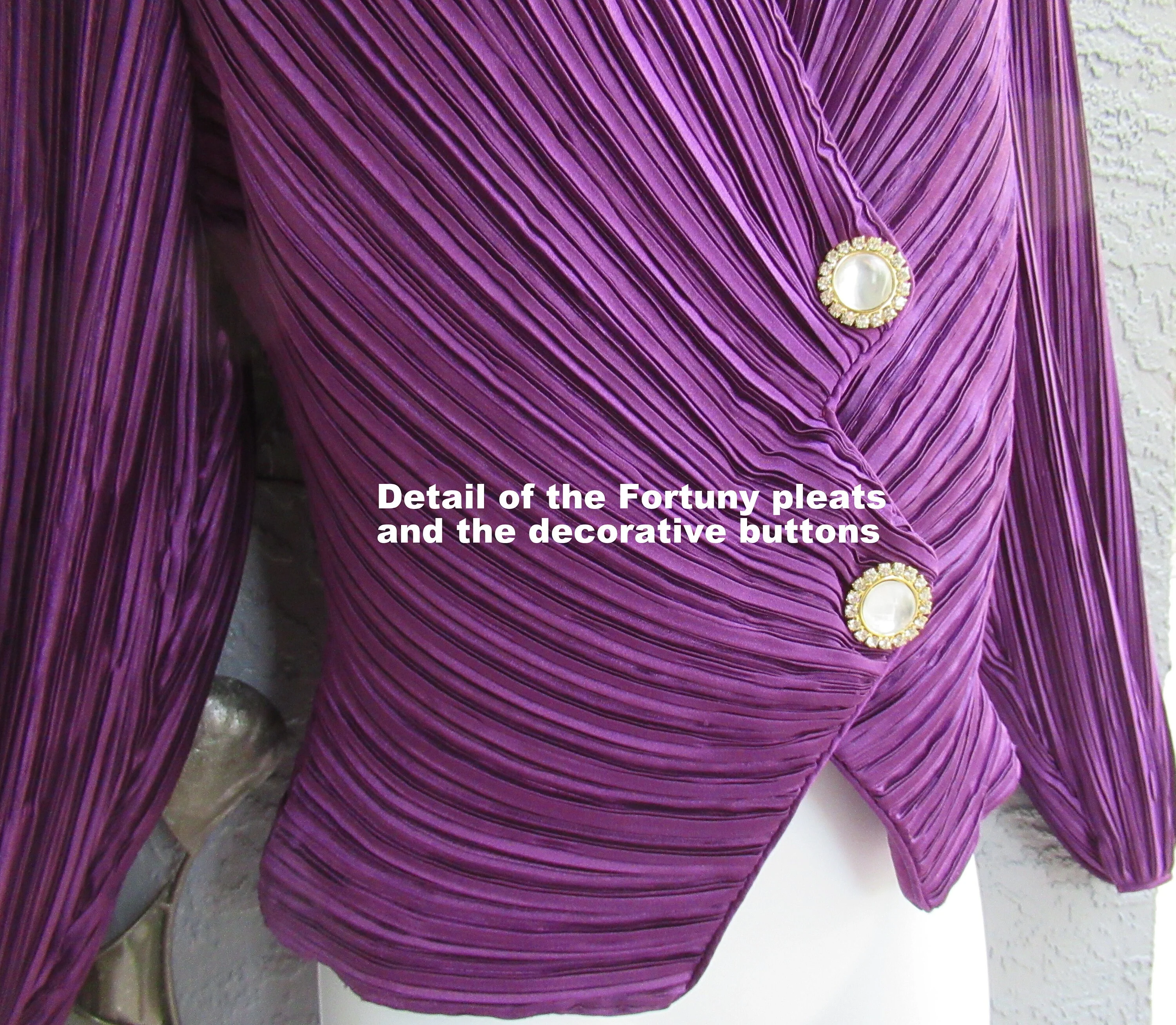 Dressy Top George F Couture Purple Double Breasted Fortuny Pleated Rare Puffed Sleeves Padded Shoulder Vneckline by George F Couture - Image 5