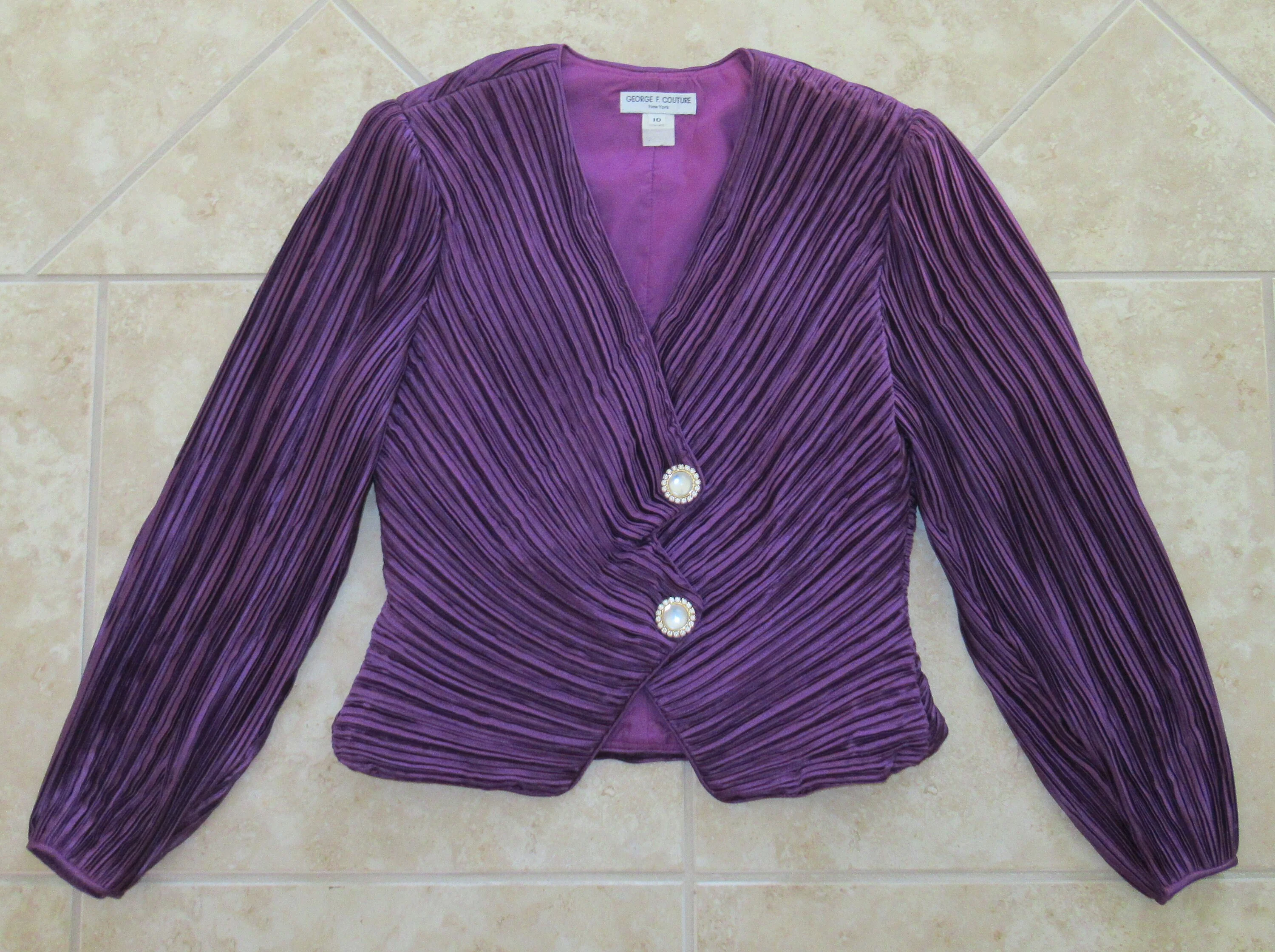 Dressy Top George F Couture Purple Double Breasted Fortuny Pleated Rare Puffed Sleeves Padded Shoulder Vneckline by George F Couture - Image 6