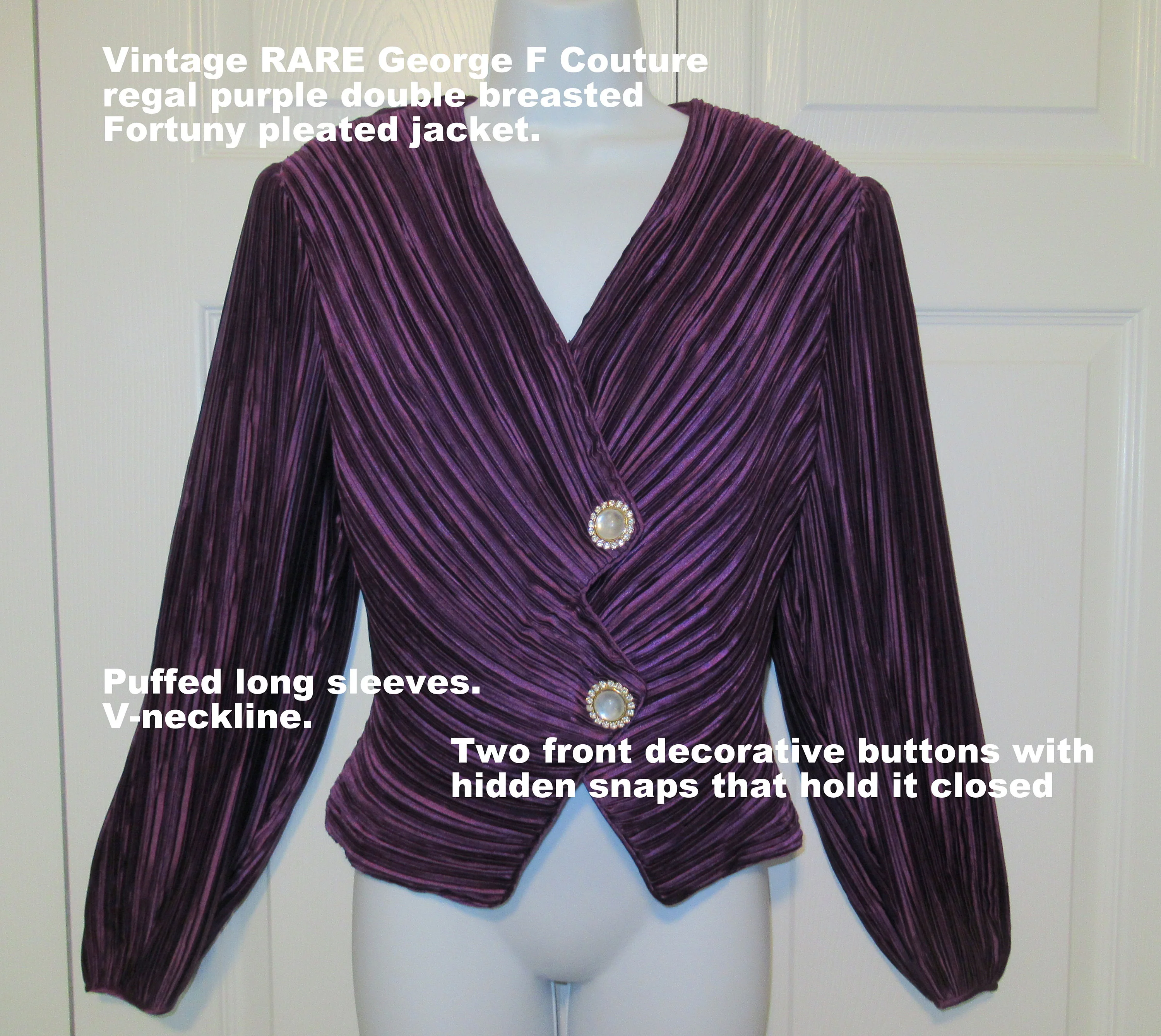 Dressy Top George F Couture Purple Double Breasted Fortuny Pleated Rare Puffed Sleeves Padded Shoulder Vneckline by George F Couture - Image 7