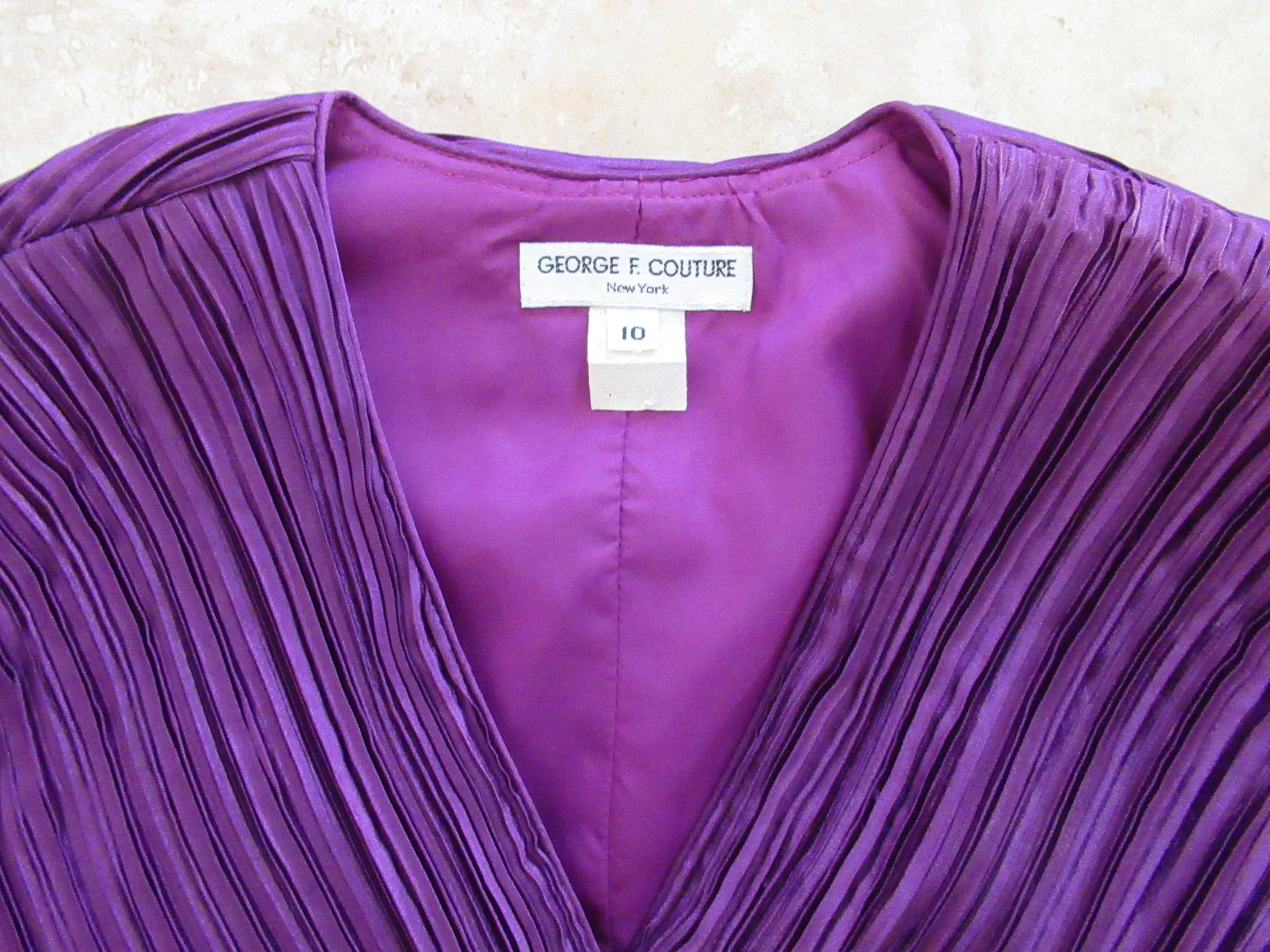 Dressy Top George F Couture Purple Double Breasted Fortuny Pleated Rare Puffed Sleeves Padded Shoulder Vneckline by George F Couture - Image 8