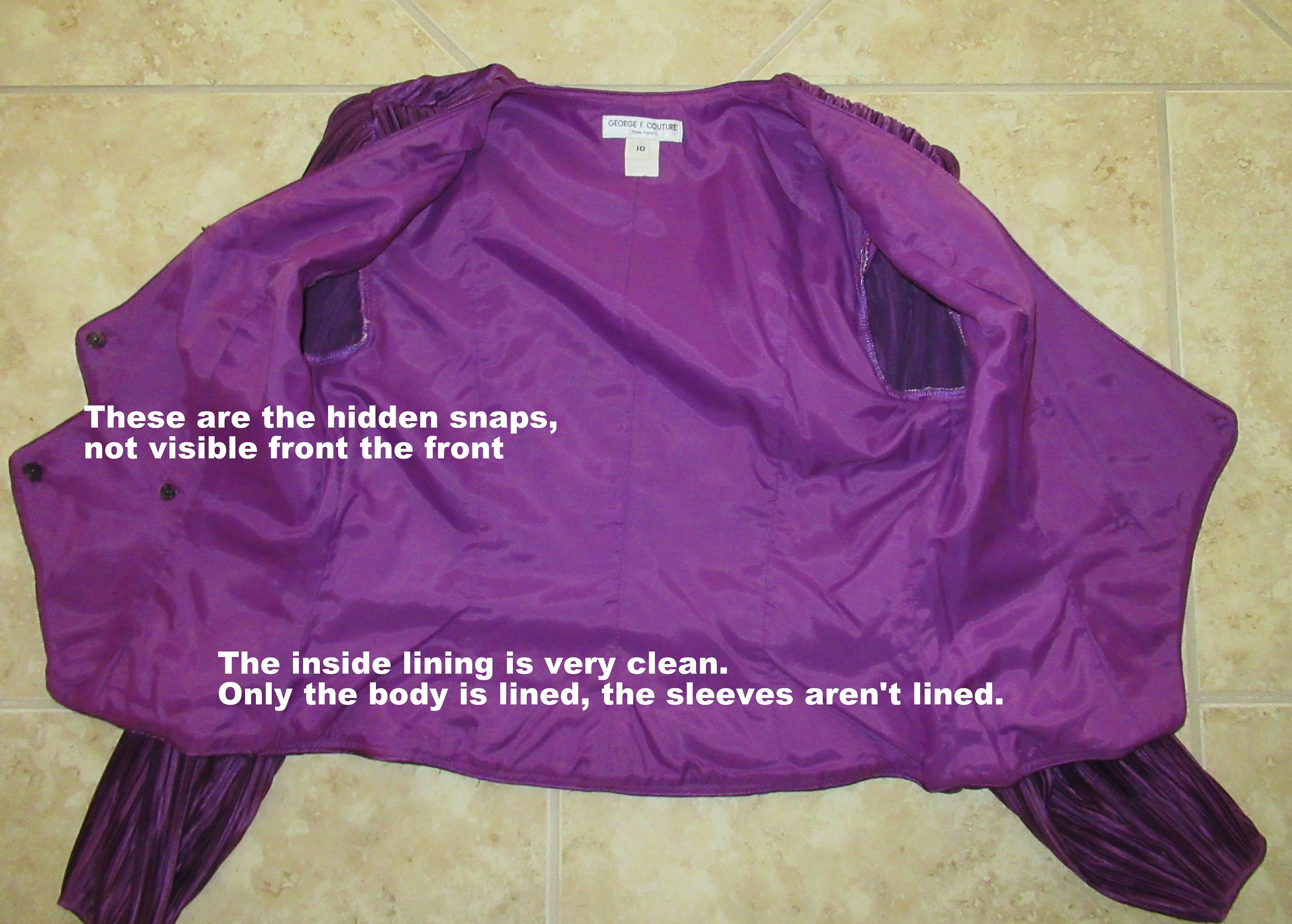 Dressy Top George F Couture Purple Double Breasted Fortuny Pleated Rare Puffed Sleeves Padded Shoulder Vneckline by George F Couture - Image 9