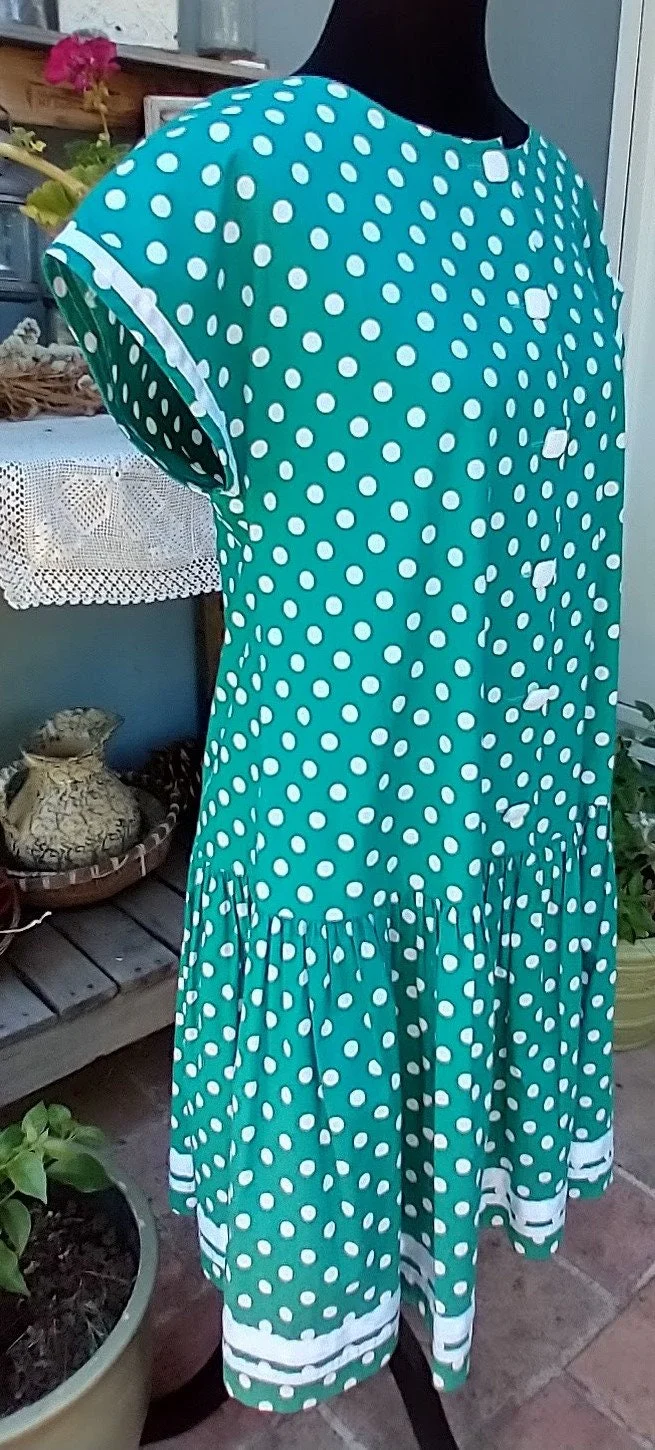 Drop Waist Dress Green and White Polka Dot Summer Dress Cotton Great Britian by Laura Ashely - Image 2