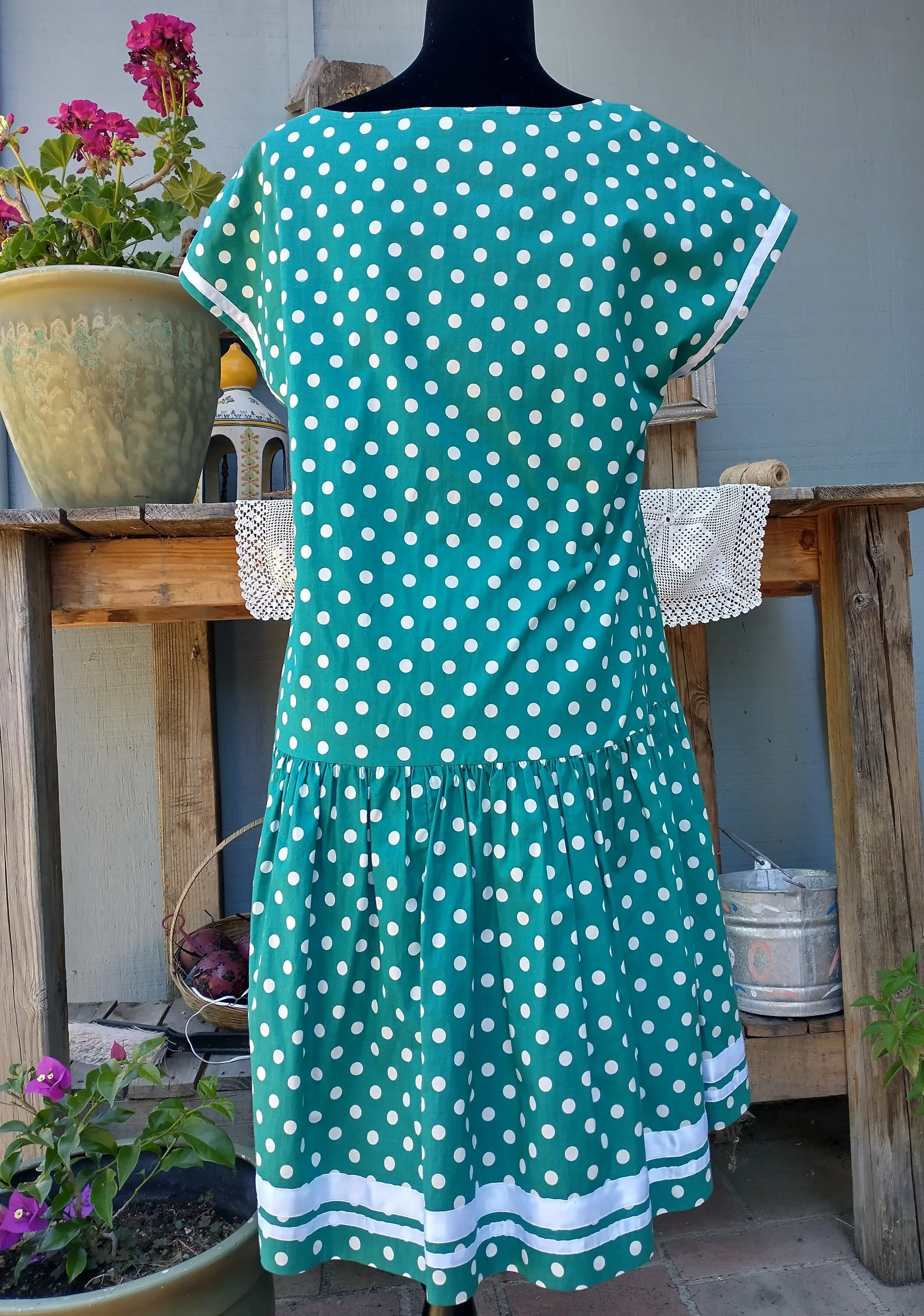 Drop Waist Dress Green and White Polka Dot Summer Dress Cotton Great Britian by Laura Ashely - Image 4