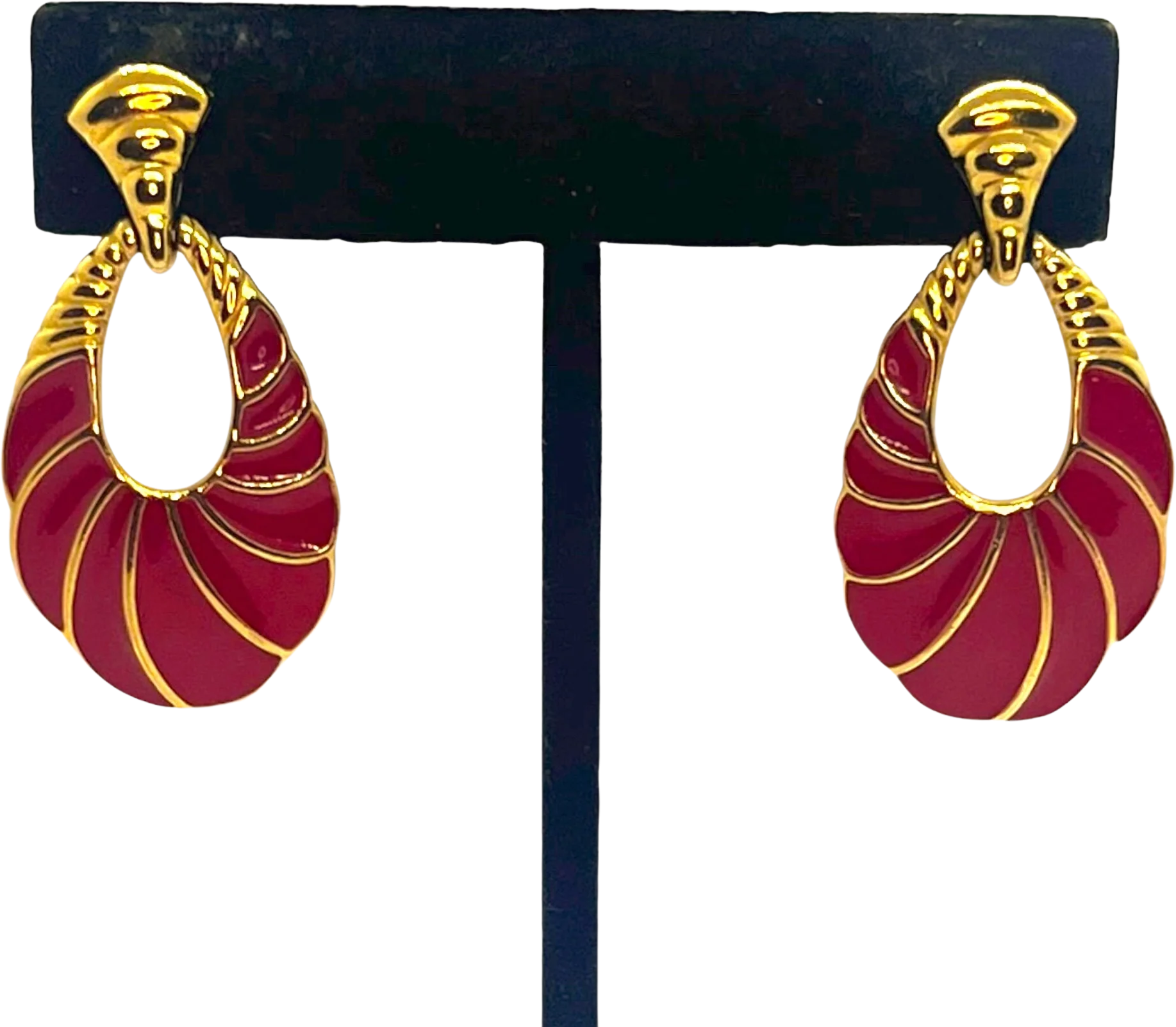 Dynamite Vintage Trifari Enamel Earrings 80s 90s Runway Couture Gold Tone Red Drop Dangles by Trifari