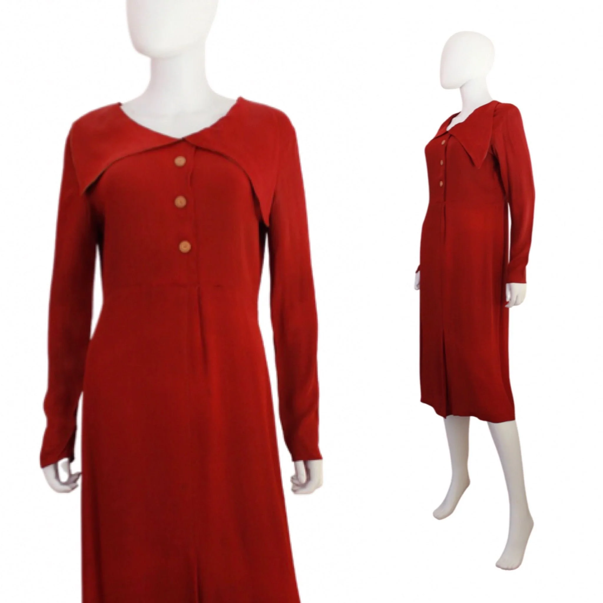 Early 30s Red Rayon Day Dress with Bib Collar - Image 8