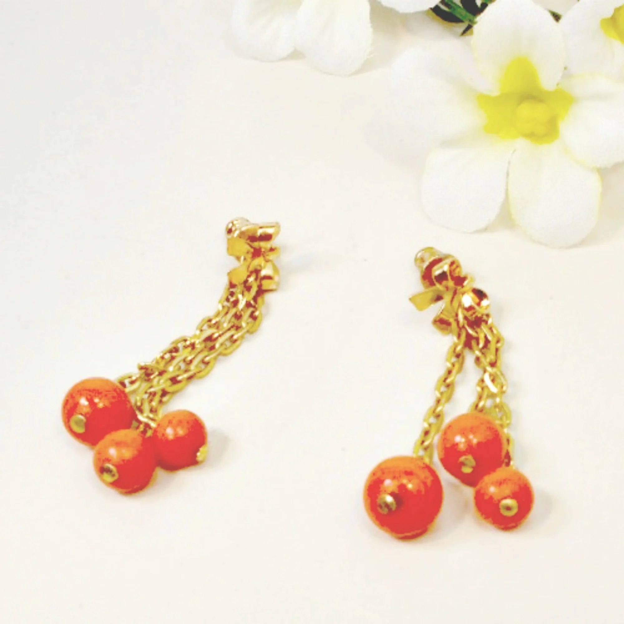 Earrings Chain Dangle Orange Beads Pierced - Image 4