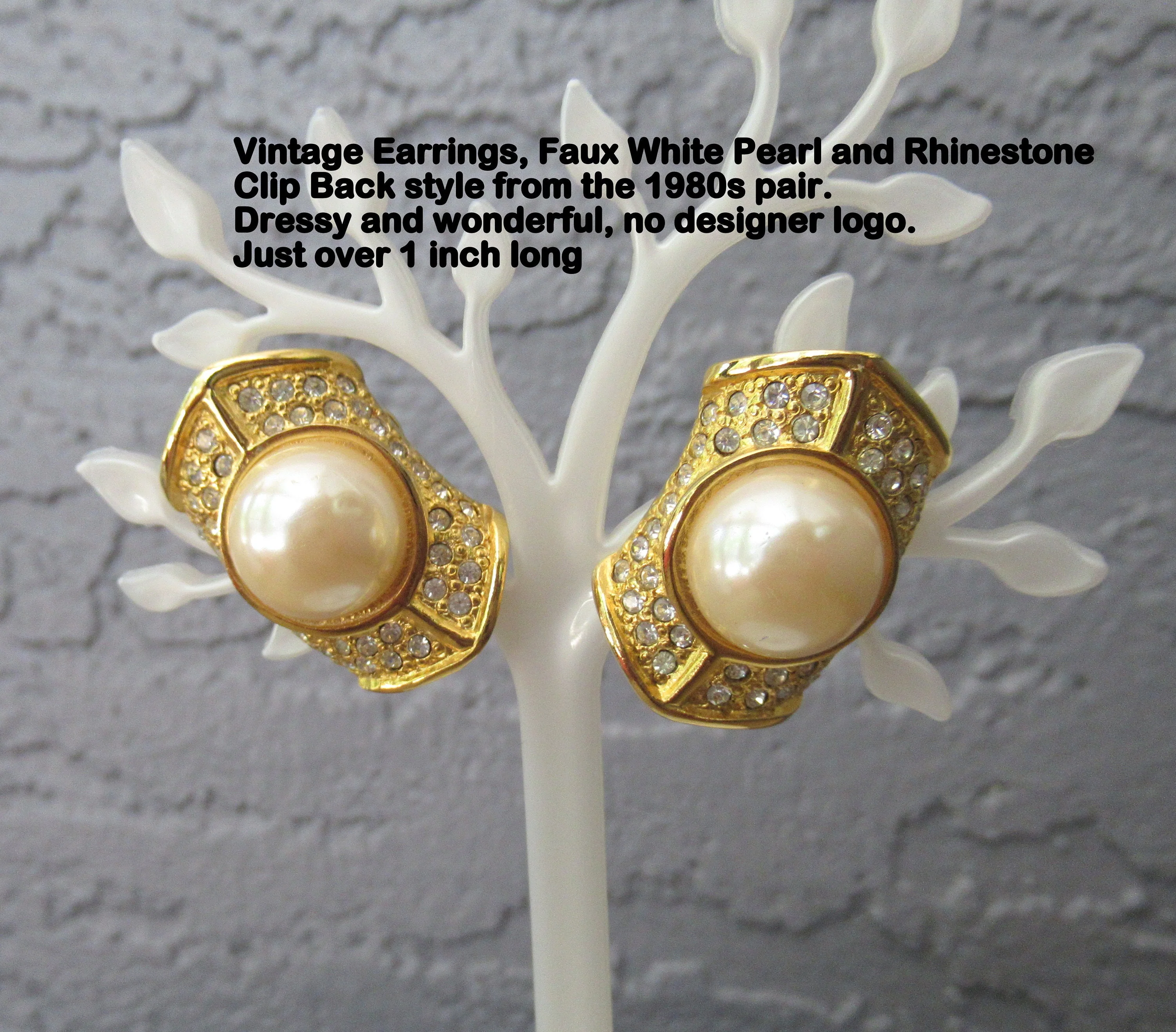 Earrings Clip Back, Pearl/rhinestones, Faux White Pearl and Rhinestones, Comfort Clip, 80s Vtg, Dressy, Unsigned, Just Over 1 Inch Long - Image 2