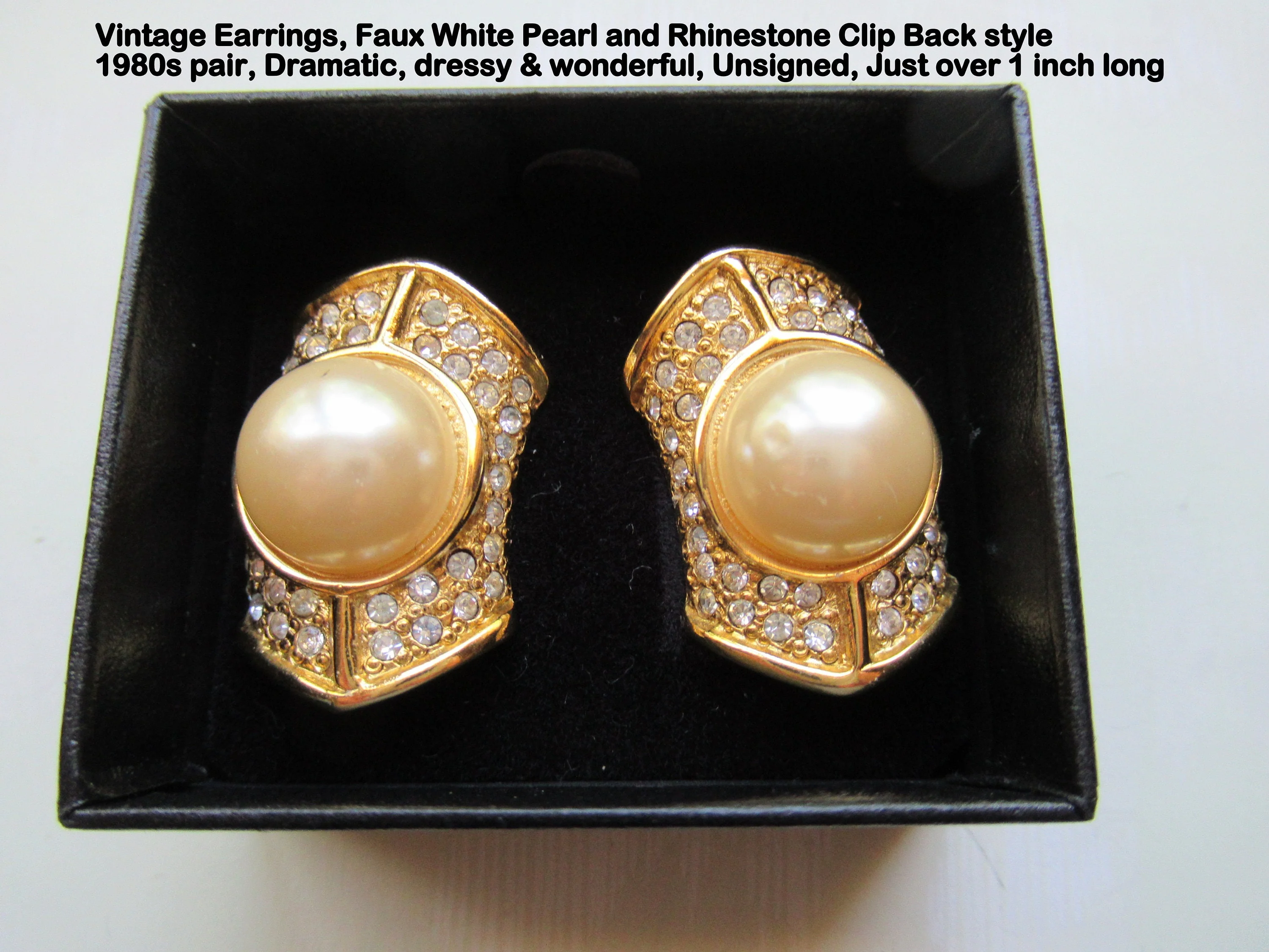 Earrings Clip Back, Pearl/rhinestones, Faux White Pearl and Rhinestones, Comfort Clip, 80s Vtg, Dressy, Unsigned, Just Over 1 Inch Long - Image 4