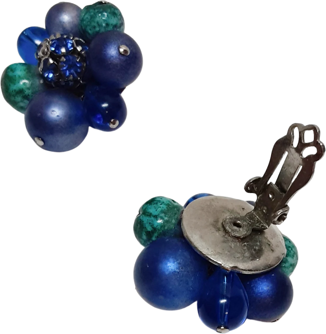 Earrings Cluster Purple Blue Green Beads Clip On - Image 2