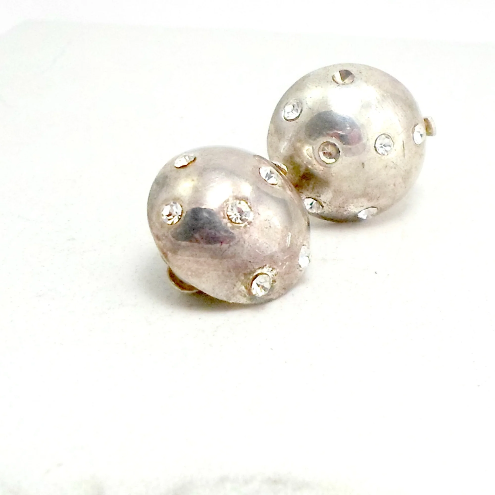 Earrings Domed Silvery Embedded Crystals Clip On - Image 4