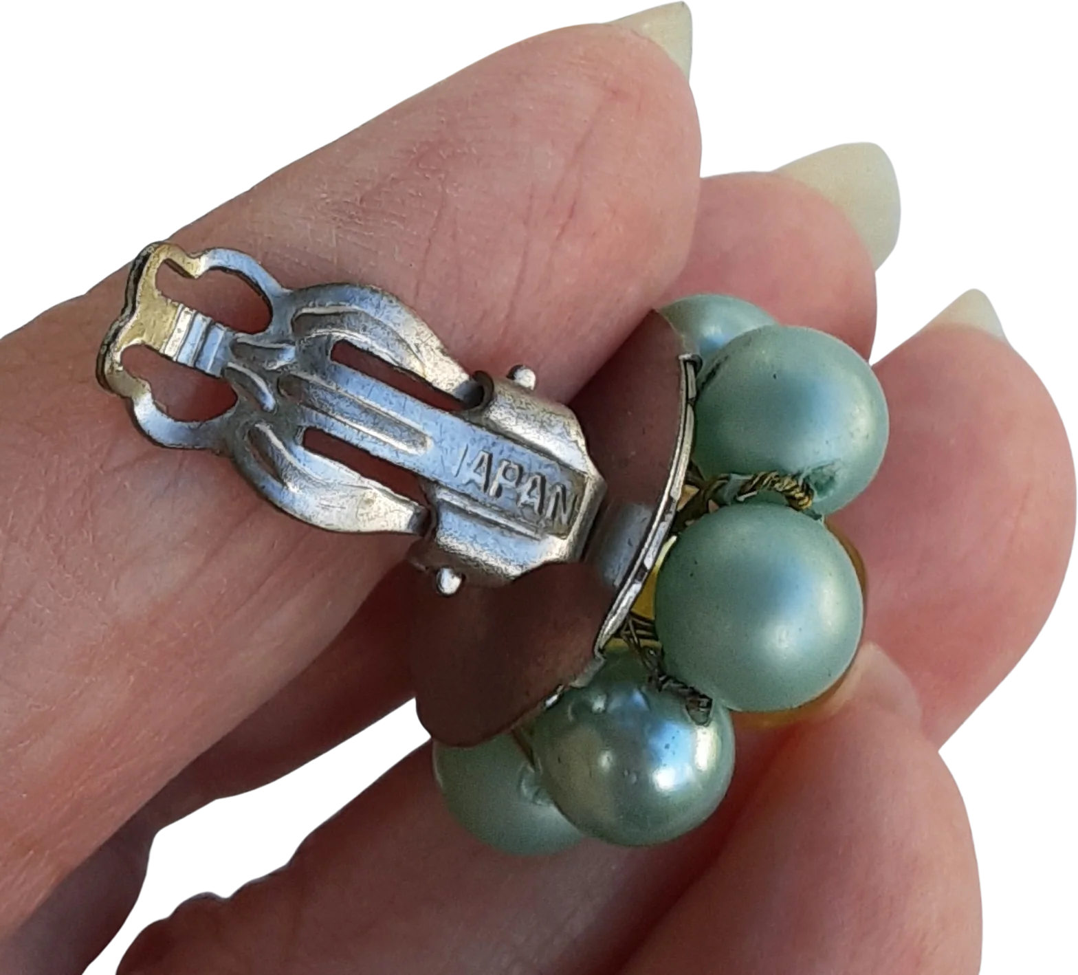 Earrings Green Cluster Faux Pearls Japan - Image 2