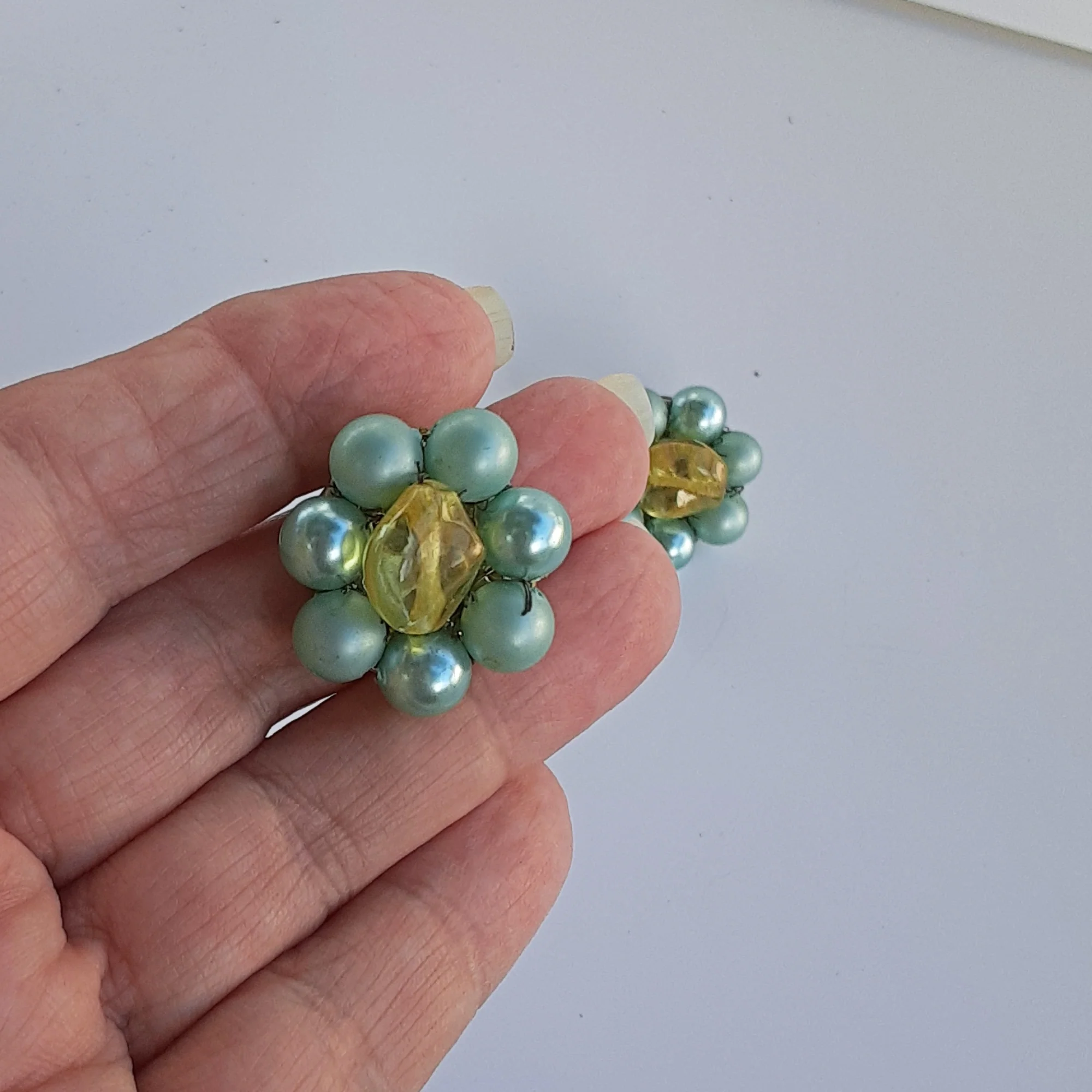 Earrings Green Cluster Faux Pearls Japan - Image 3