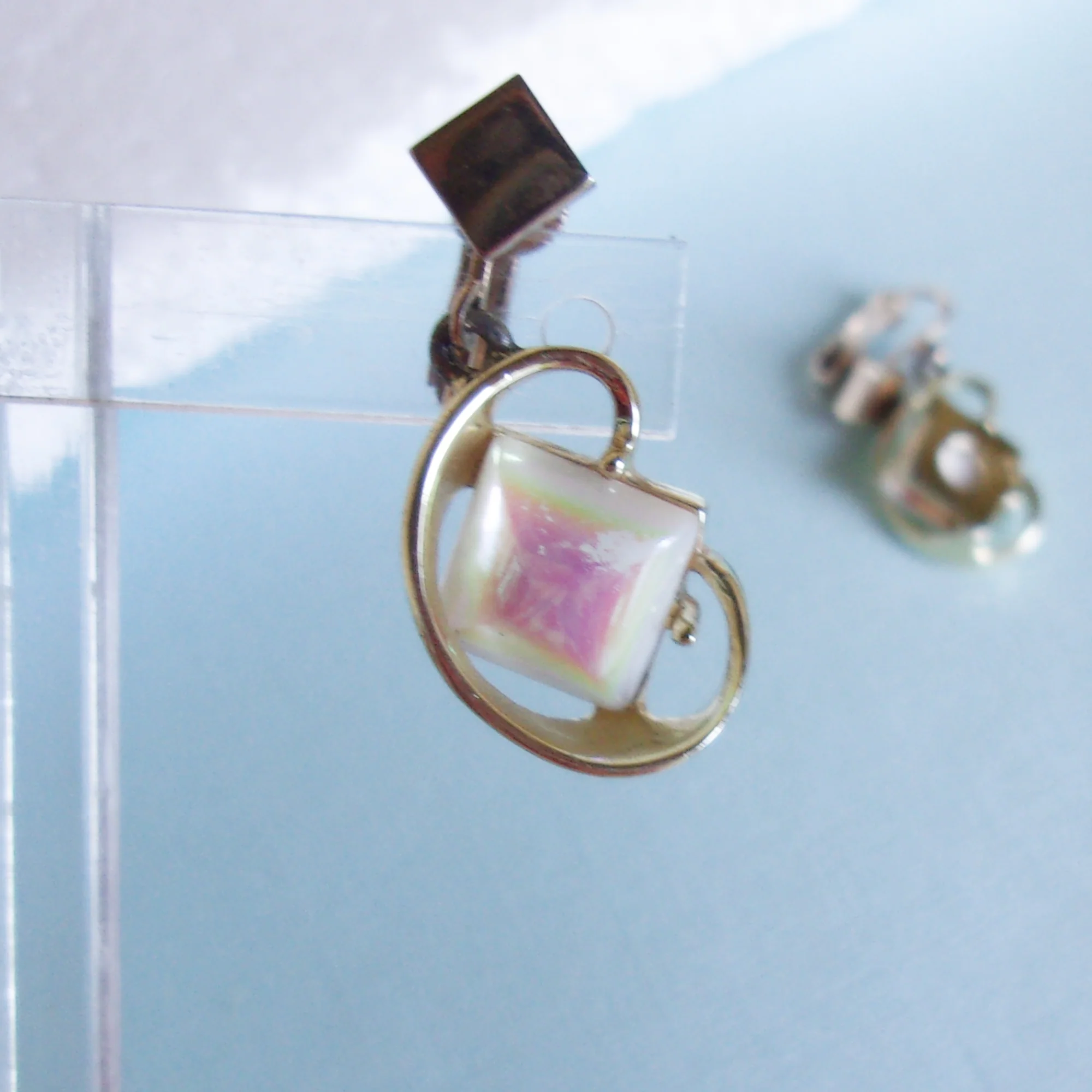 Earrings Iridescent White Pillow Dangles Clip On - Image 5