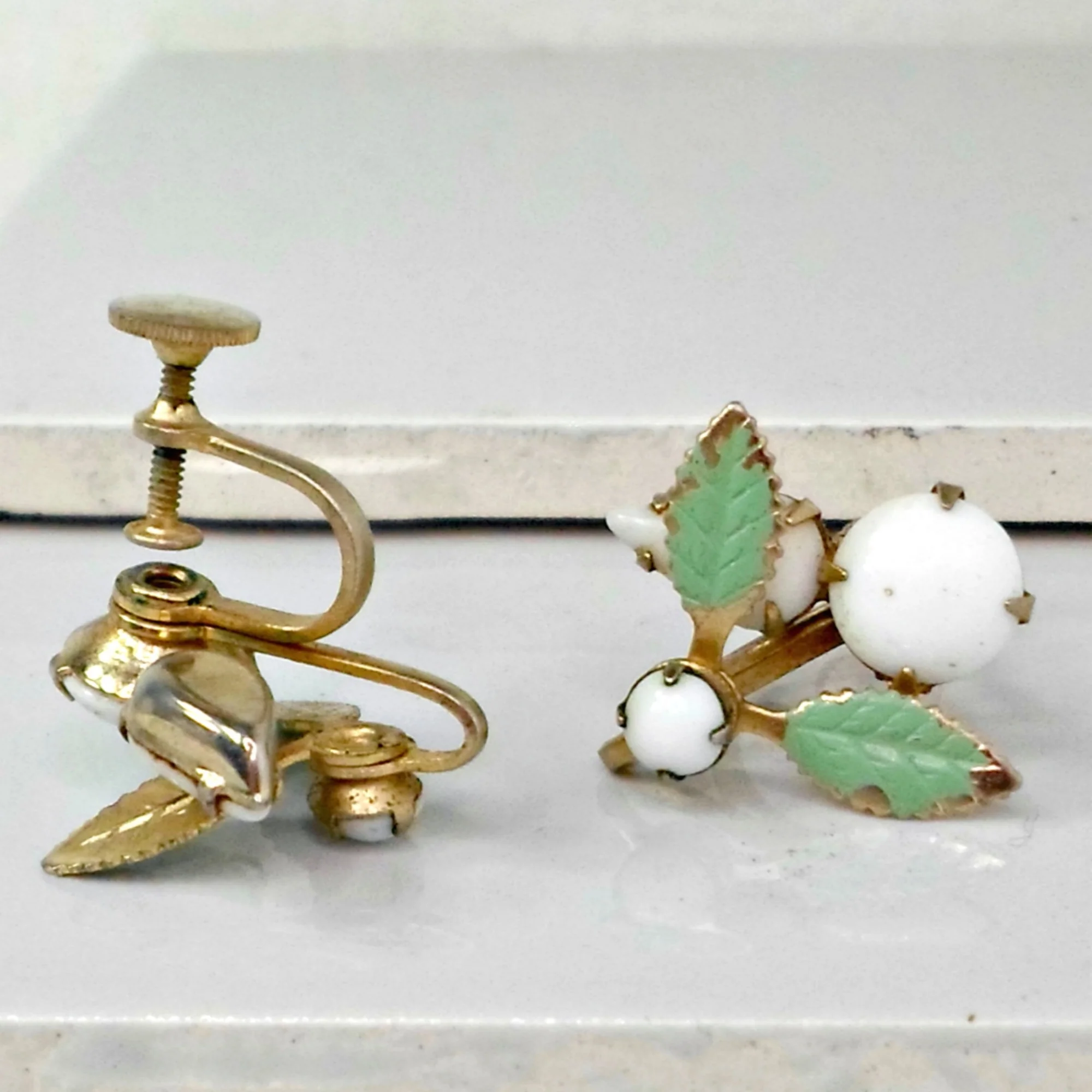 Earrings Milk Glass Flower Painted Leaf Screwback - Image 4