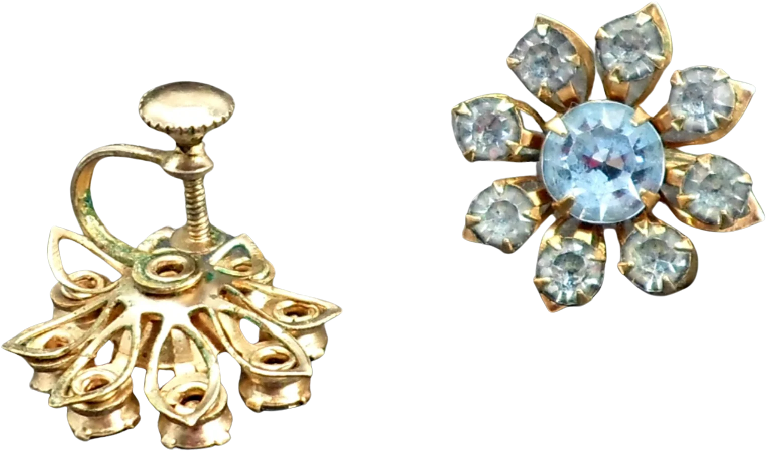 Earrings Screw Back Goldtone Blue Crystal - Image 2