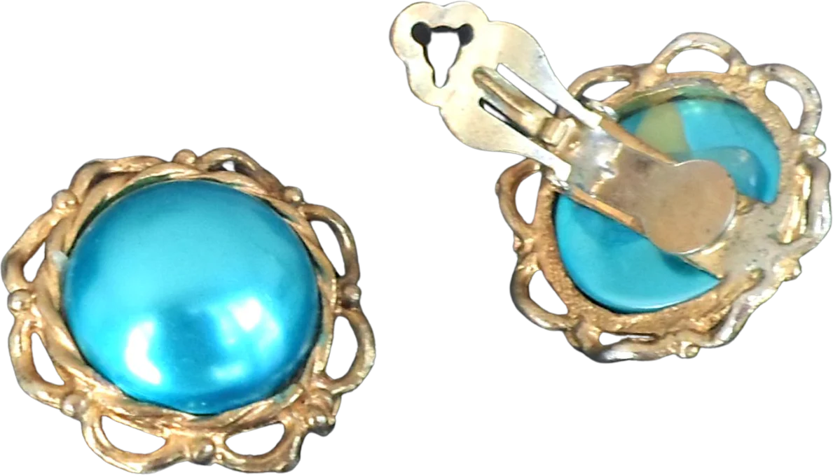 Earrings Teal Cabochon Goldtone Bezel Clip On - Image 2