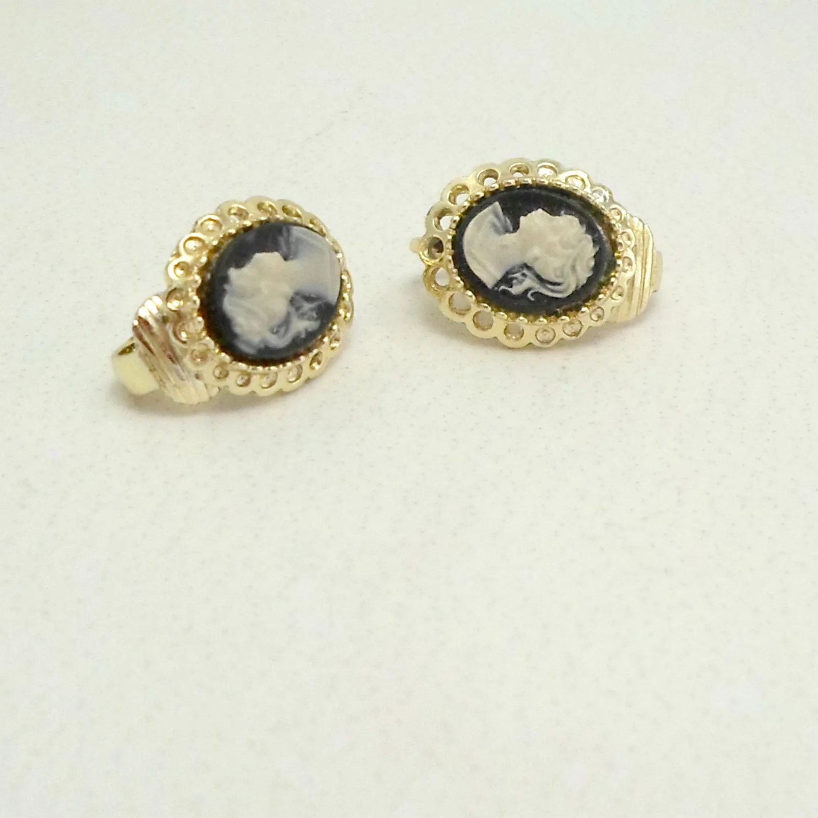 Earrings Tiny Cameo Black Background White Clip On - Image 5