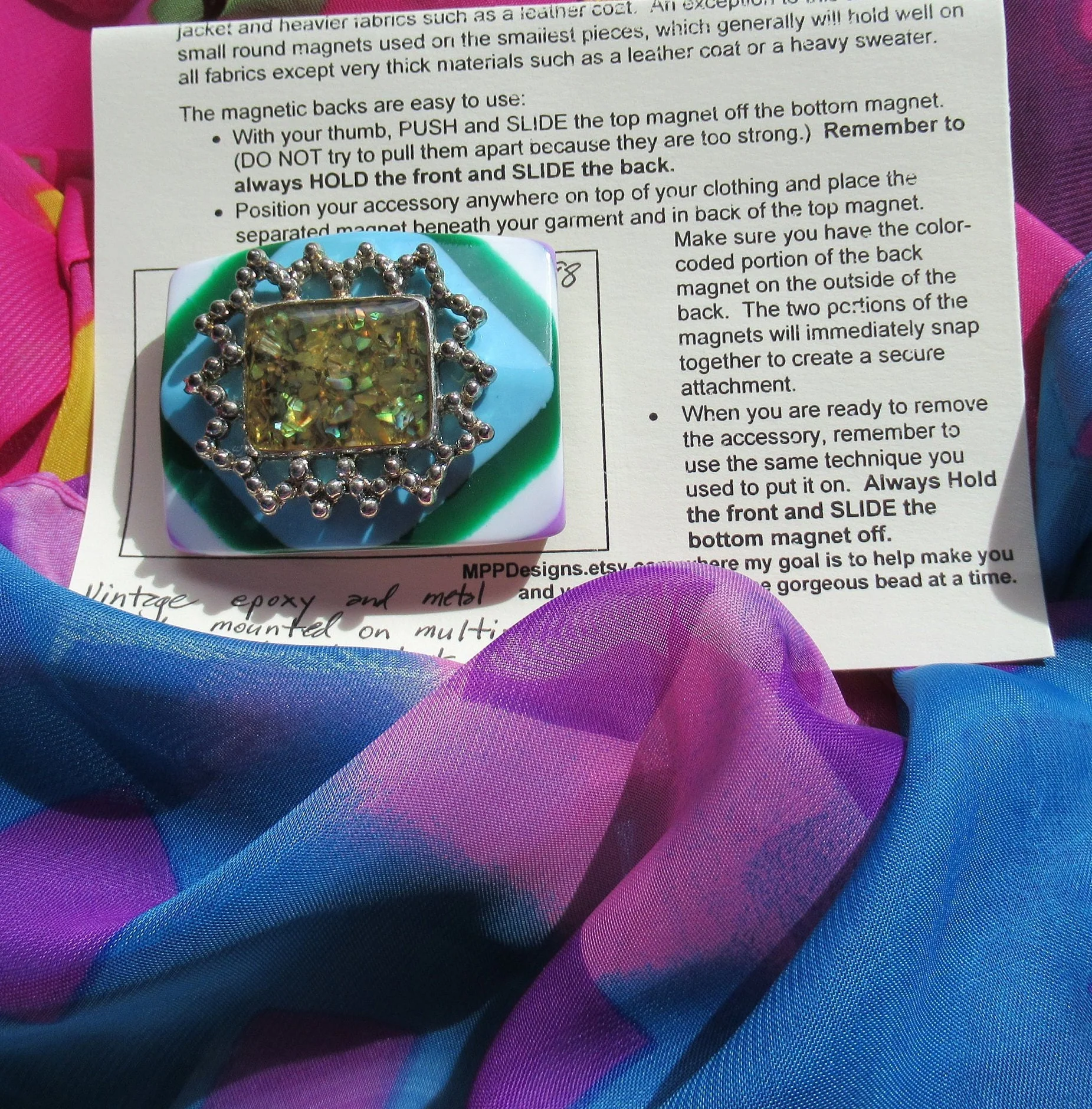Easy To Wear Enamel Abstract Brooch In Silver Tone Metal Frame Upcycled with Colorful Back and Magnetic Back Clasp, Bonus Scarf Included - Image 2