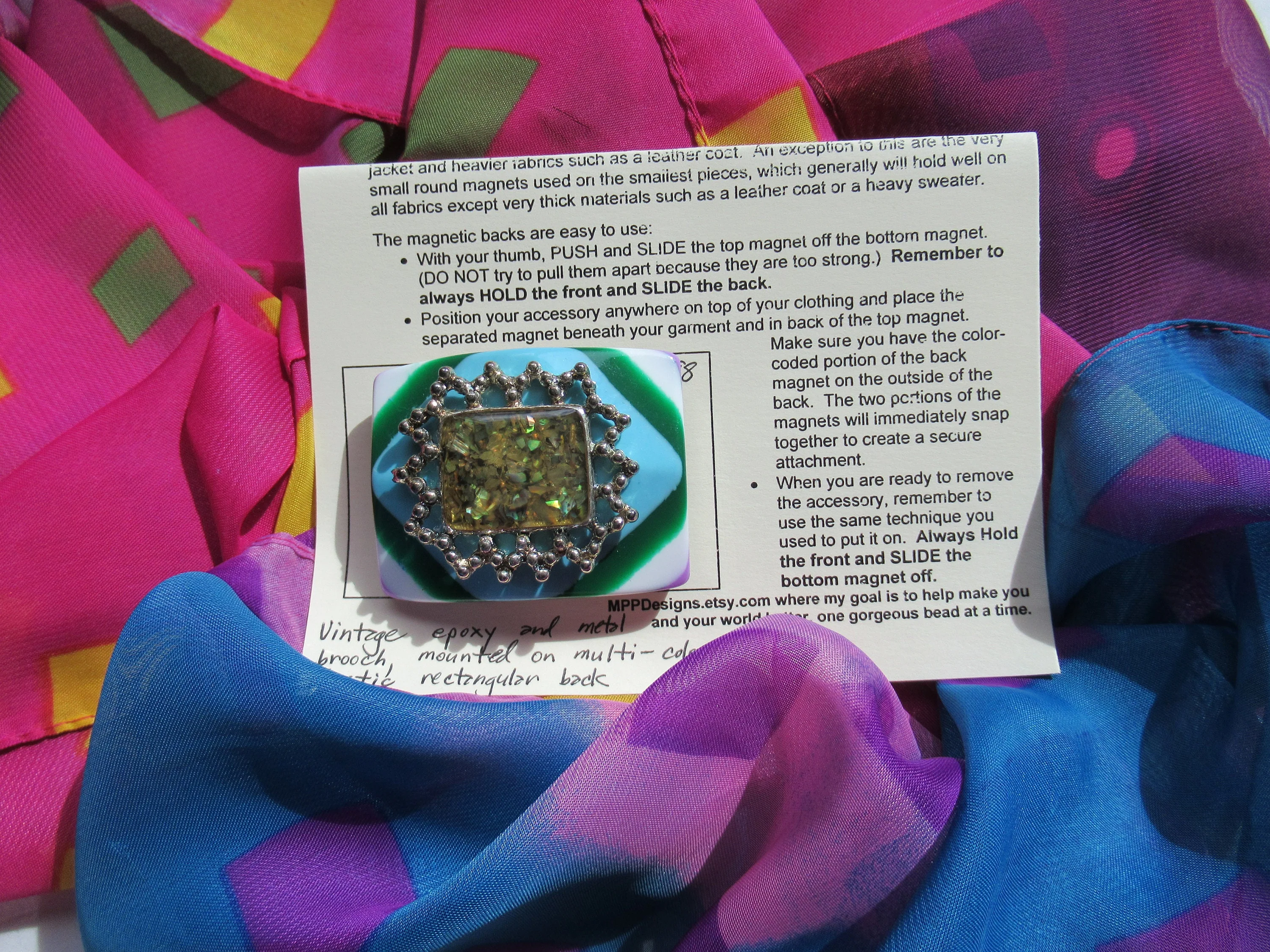 Easy To Wear Enamel Abstract Brooch In Silver Tone Metal Frame Upcycled with Colorful Back and Magnetic Back Clasp, Bonus Scarf Included - Image 4