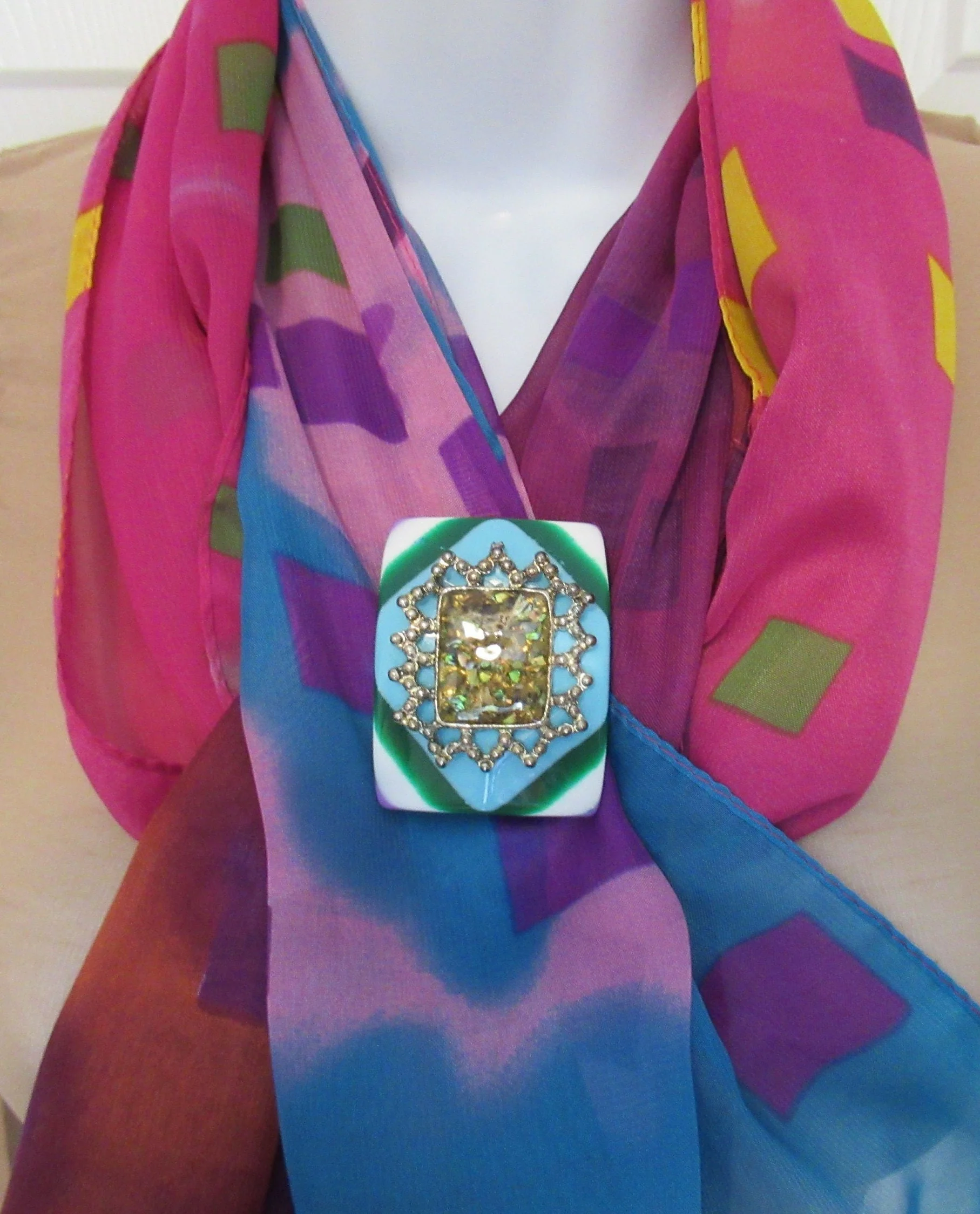 Easy To Wear Enamel Abstract Brooch In Silver Tone Metal Frame Upcycled with Colorful Back and Magnetic Back Clasp, Bonus Scarf Included - Image 5
