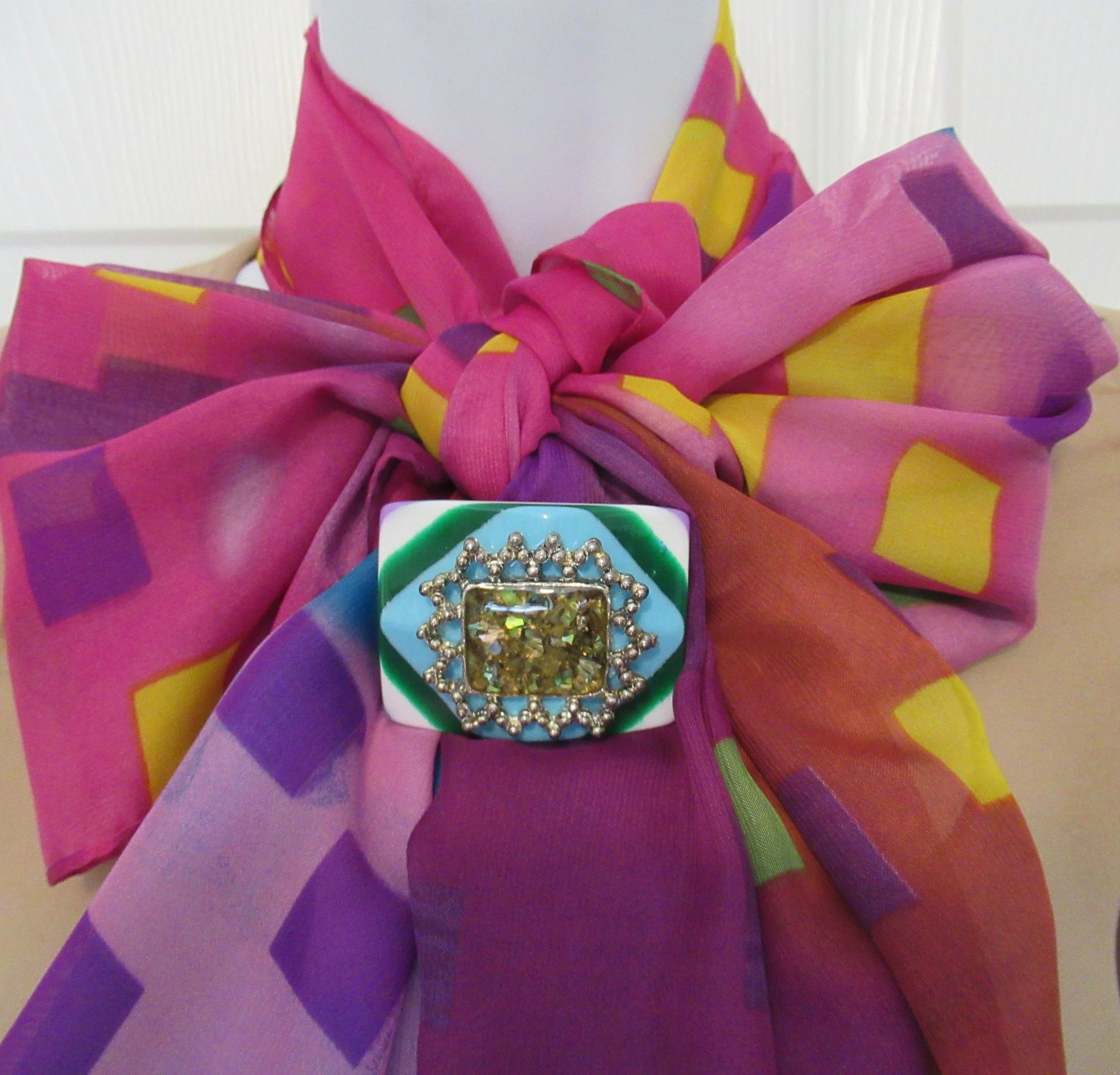 Easy To Wear Enamel Abstract Brooch In Silver Tone Metal Frame Upcycled with Colorful Back and Magnetic Back Clasp, Bonus Scarf Included - Image 7