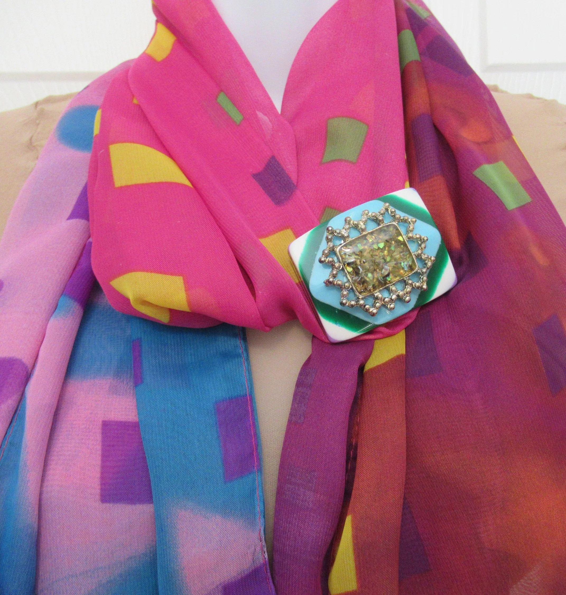 Easy To Wear Enamel Abstract Brooch In Silver Tone Metal Frame Upcycled with Colorful Back and Magnetic Back Clasp, Bonus Scarf Included - Image 9
