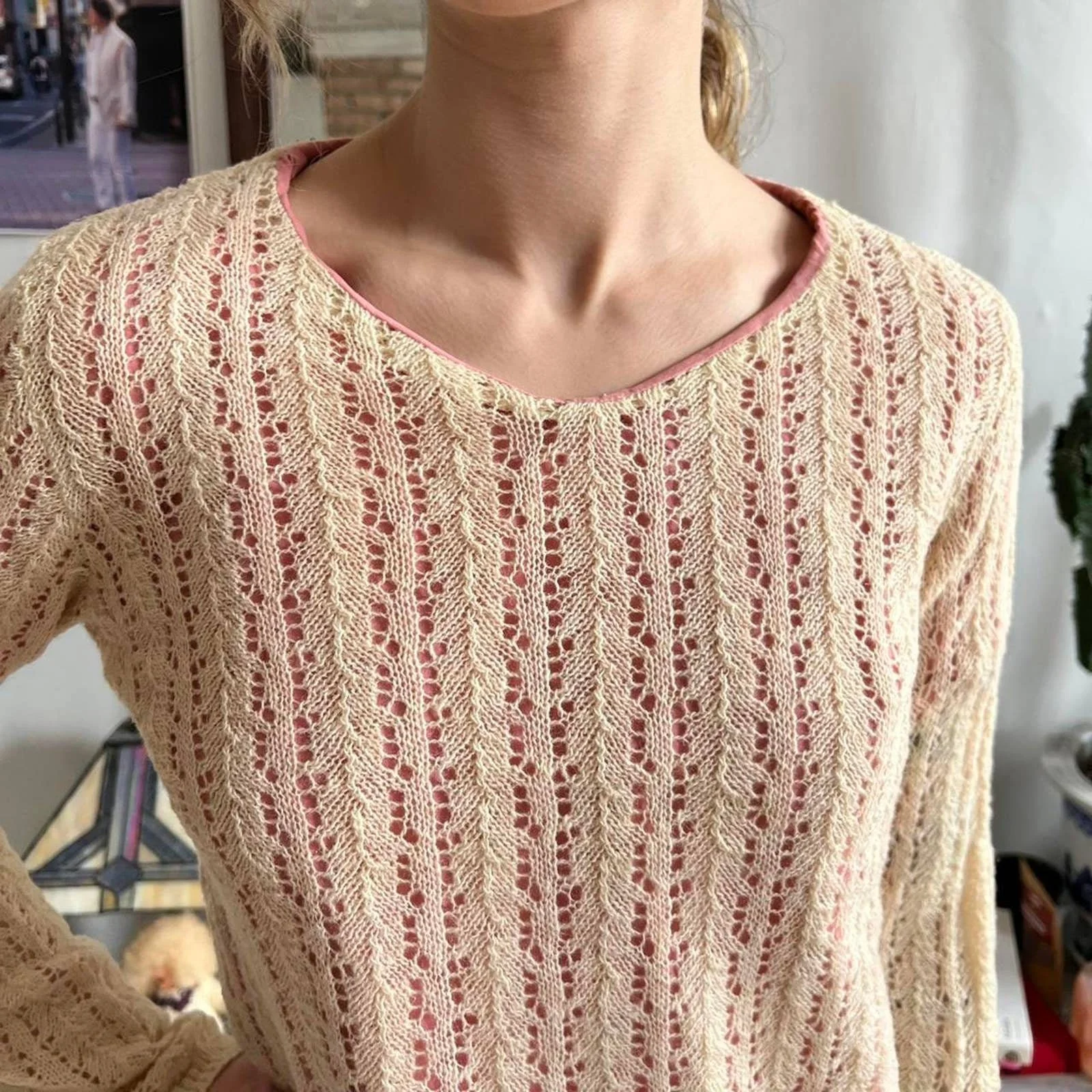 Ecru Layered Loose Layered Wool Sweater with Pink Cotton Tee Attachment by Comme Des Garçons - Image 4