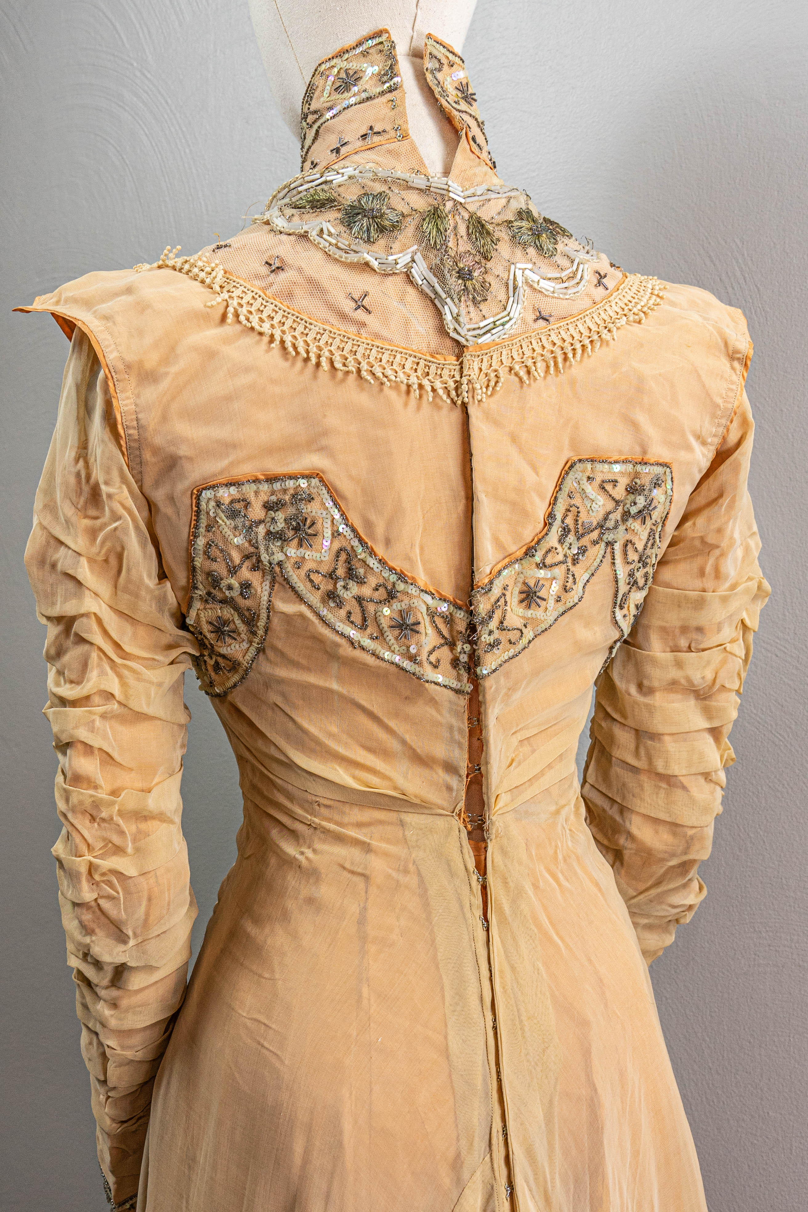 Edwardian Antique Orange Organdy Gown With Train Beading - Image 6